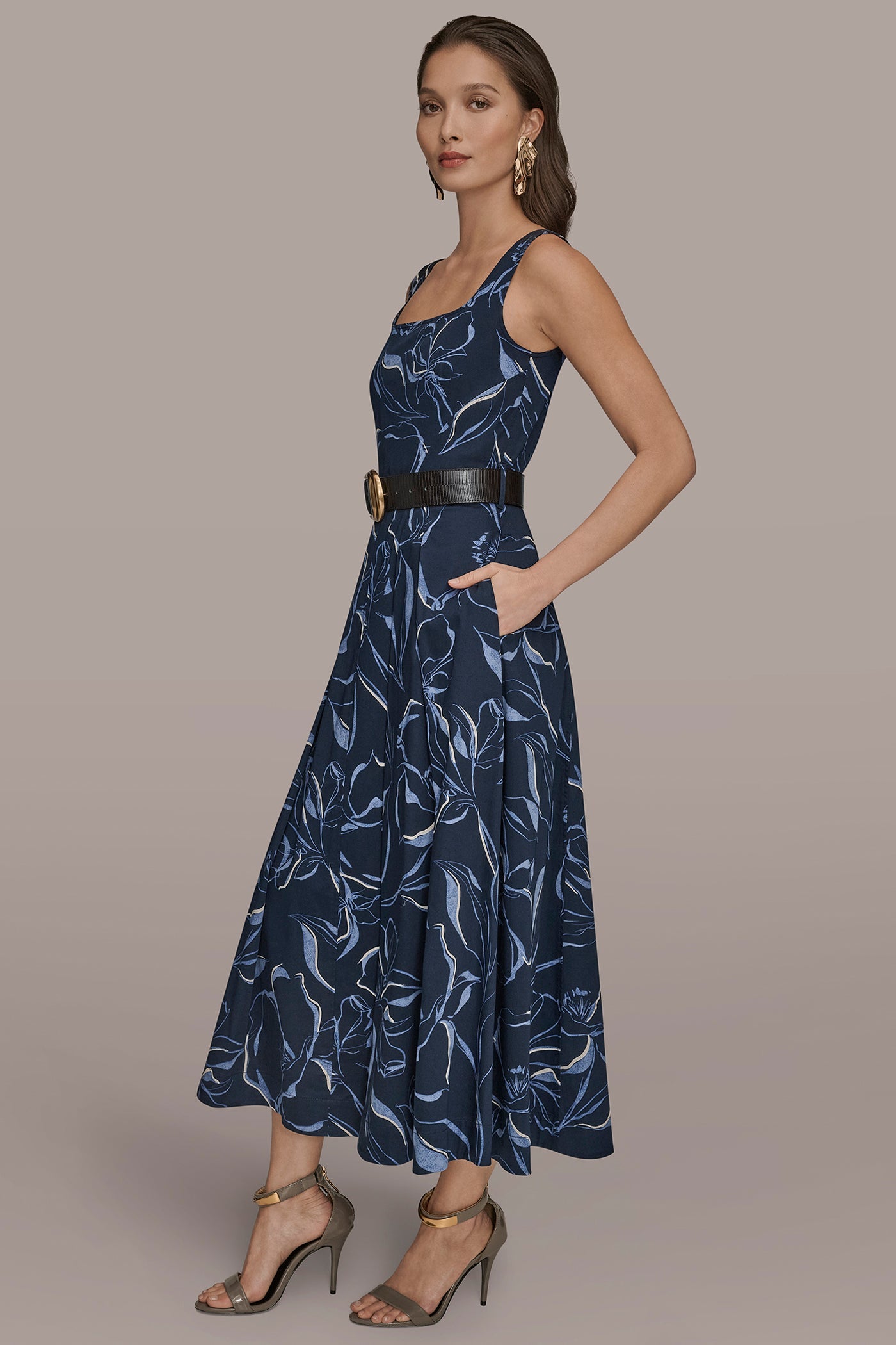 NIGHTFALL MULTI COTTON FLORAL SQUARE-NECK MIDI DRESS Donna Karan