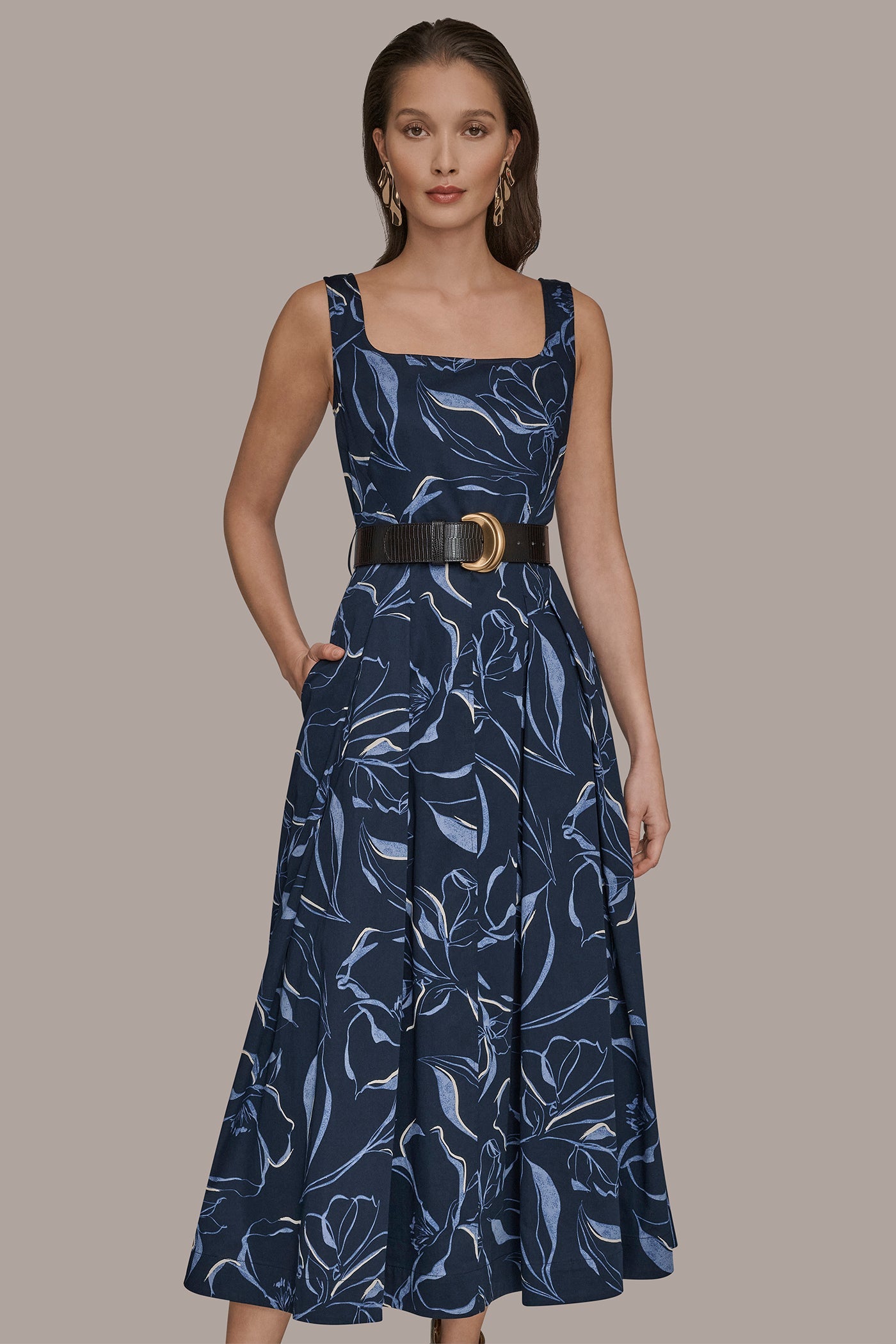NIGHTFALL MULTI COTTON FLORAL SQUARE-NECK MIDI DRESS Donna Karan