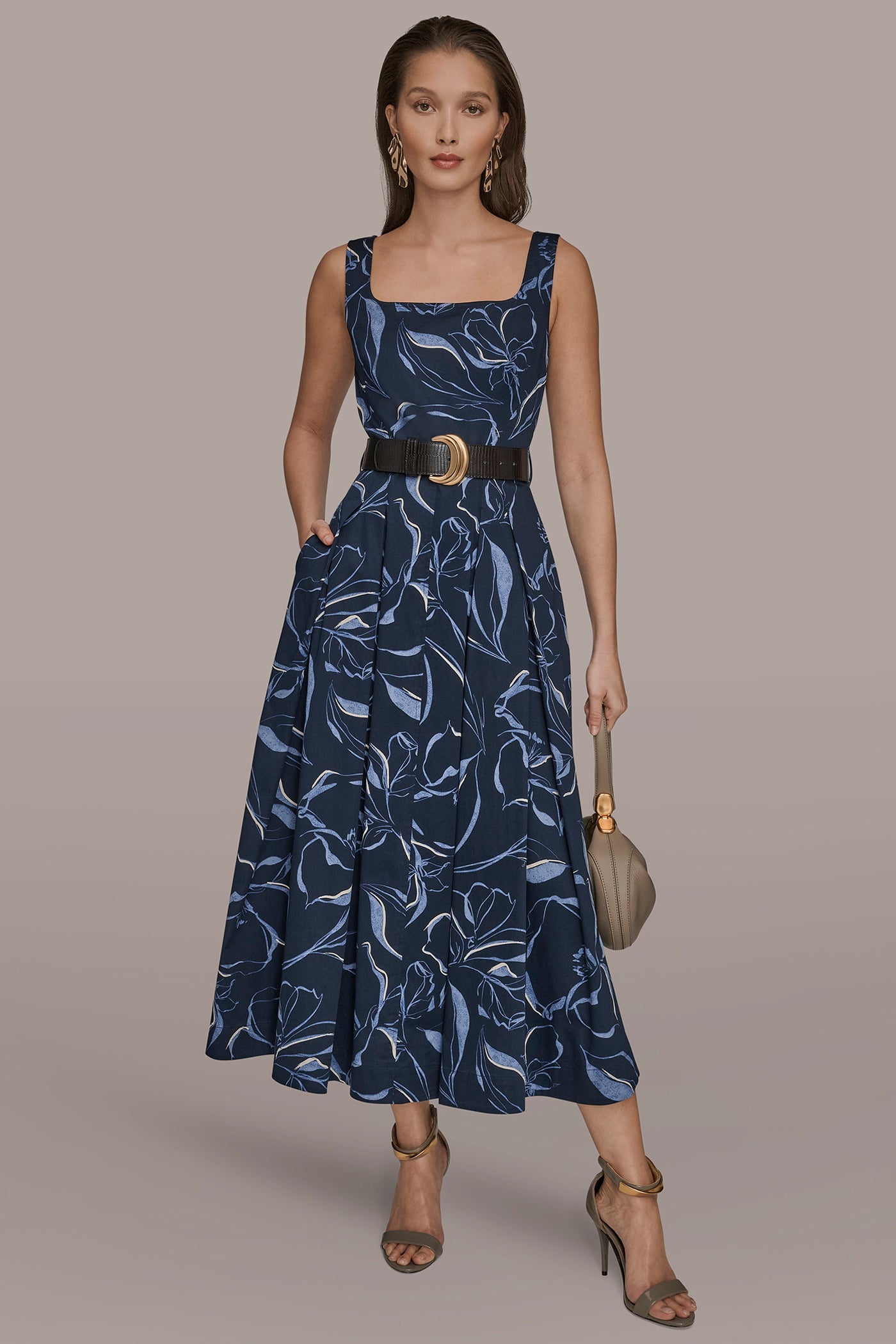 NIGHTFALL MULTI COTTON FLORAL SQUARE-NECK MIDI DRESS Donna Karan