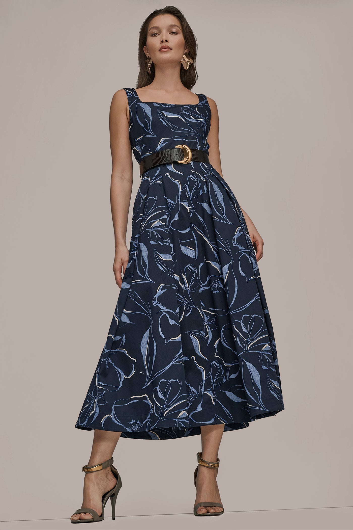 NIGHTFALL MULTI COTTON FLORAL SQUARE-NECK MIDI DRESS Donna Karan