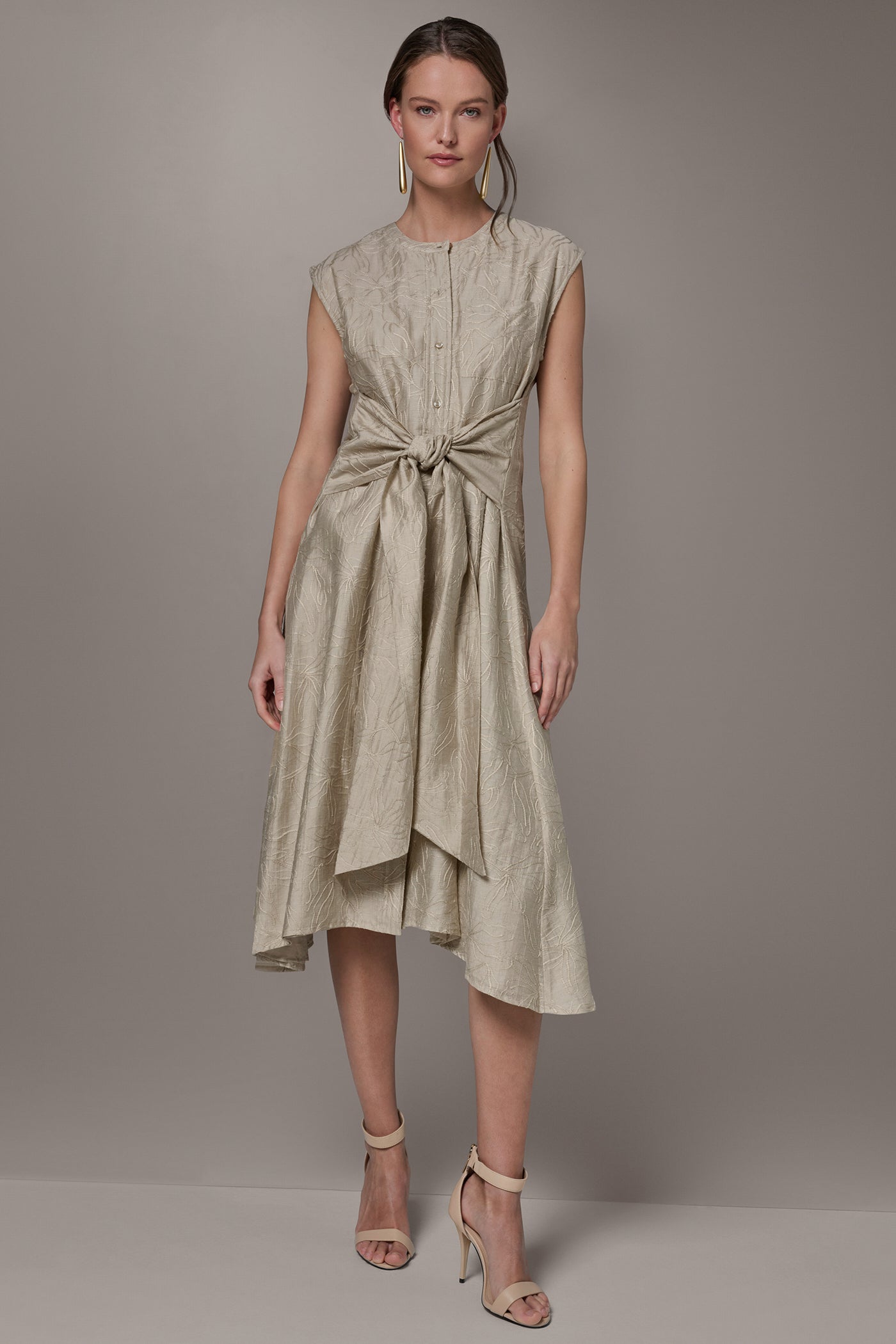 Tuscan Grey EMBROIDERED TIE-FRONT MIDI DRESS Donna Karan