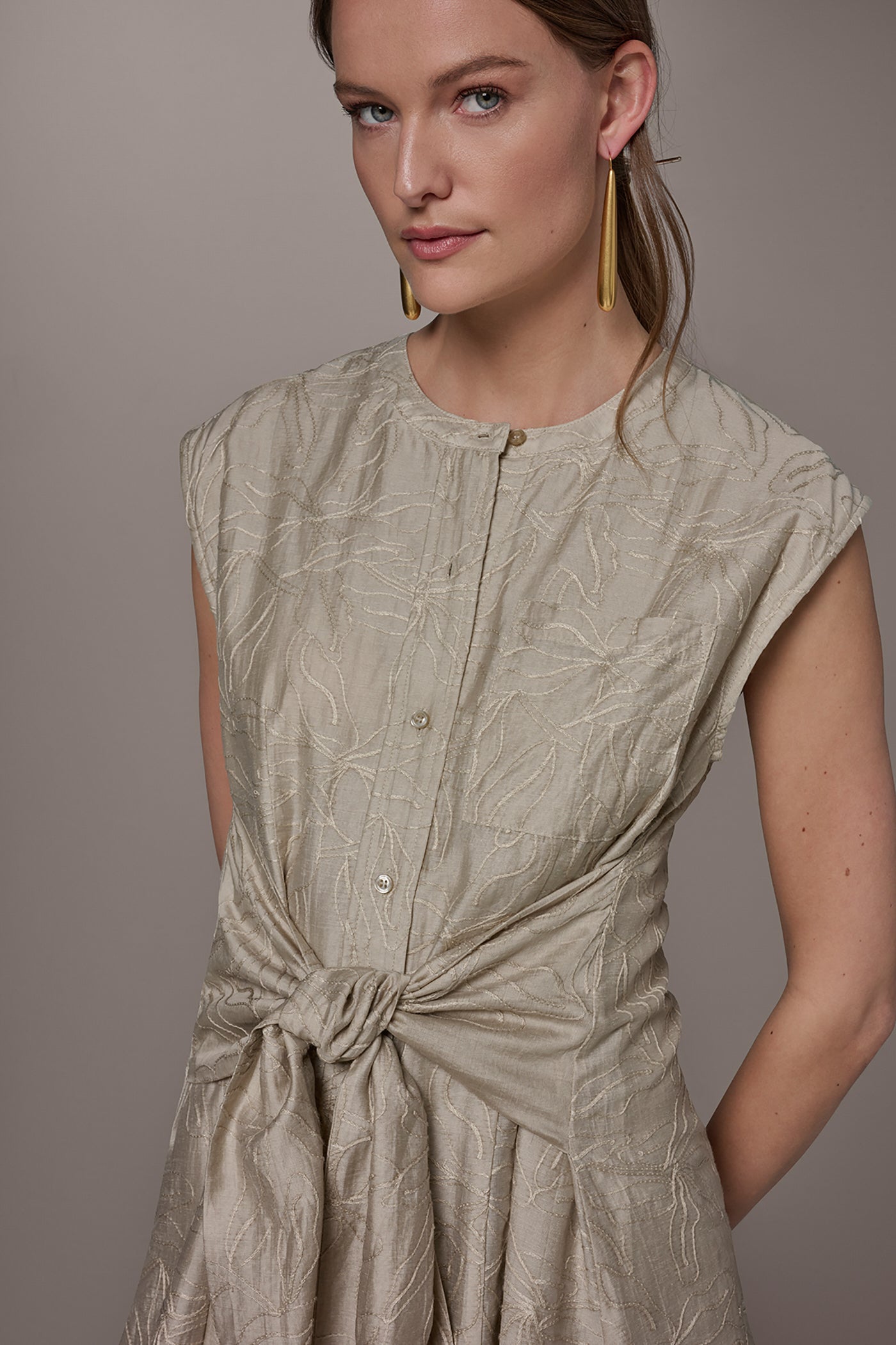 Tuscan Grey EMBROIDERED TIE-FRONT MIDI DRESS Donna Karan