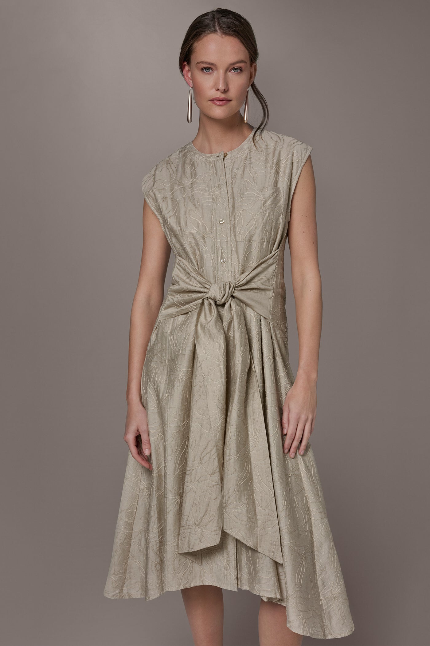 Tuscan Grey EMBROIDERED TIE-FRONT MIDI DRESS Donna Karan