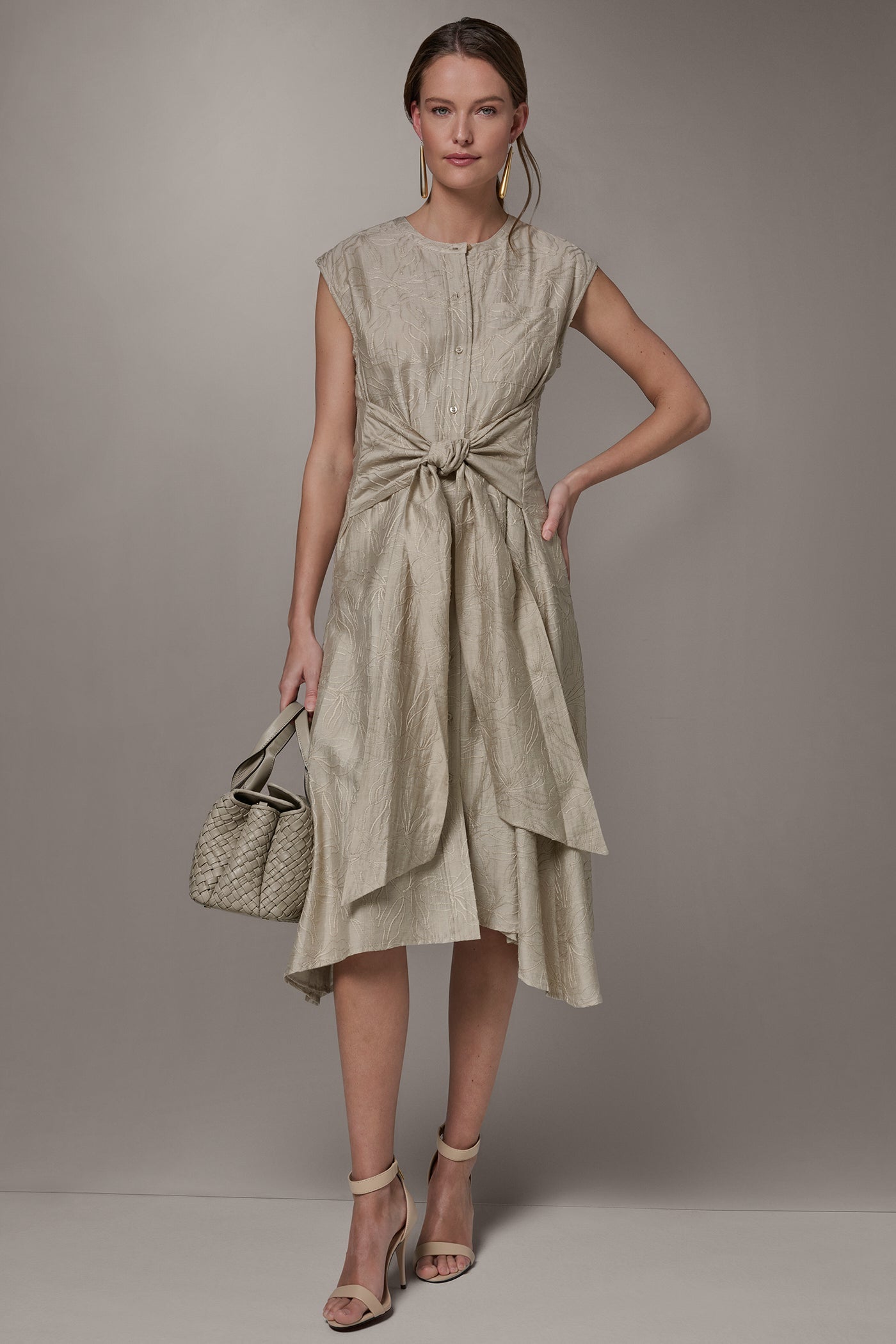 Tuscan Grey EMBROIDERED TIE-FRONT MIDI DRESS Donna Karan