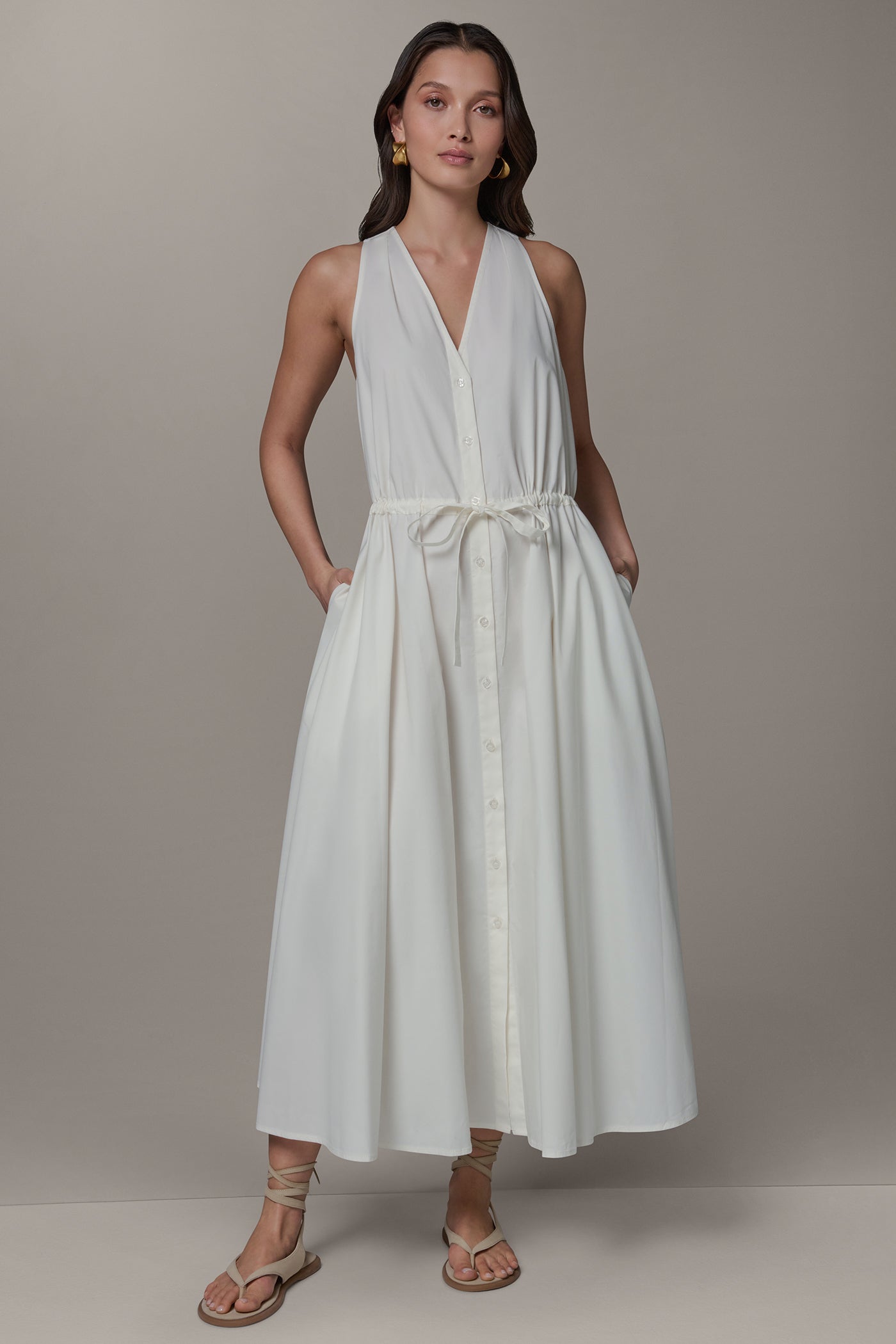 Cream SLEEVELESS MIDI HALTER DRESS Donna Karan