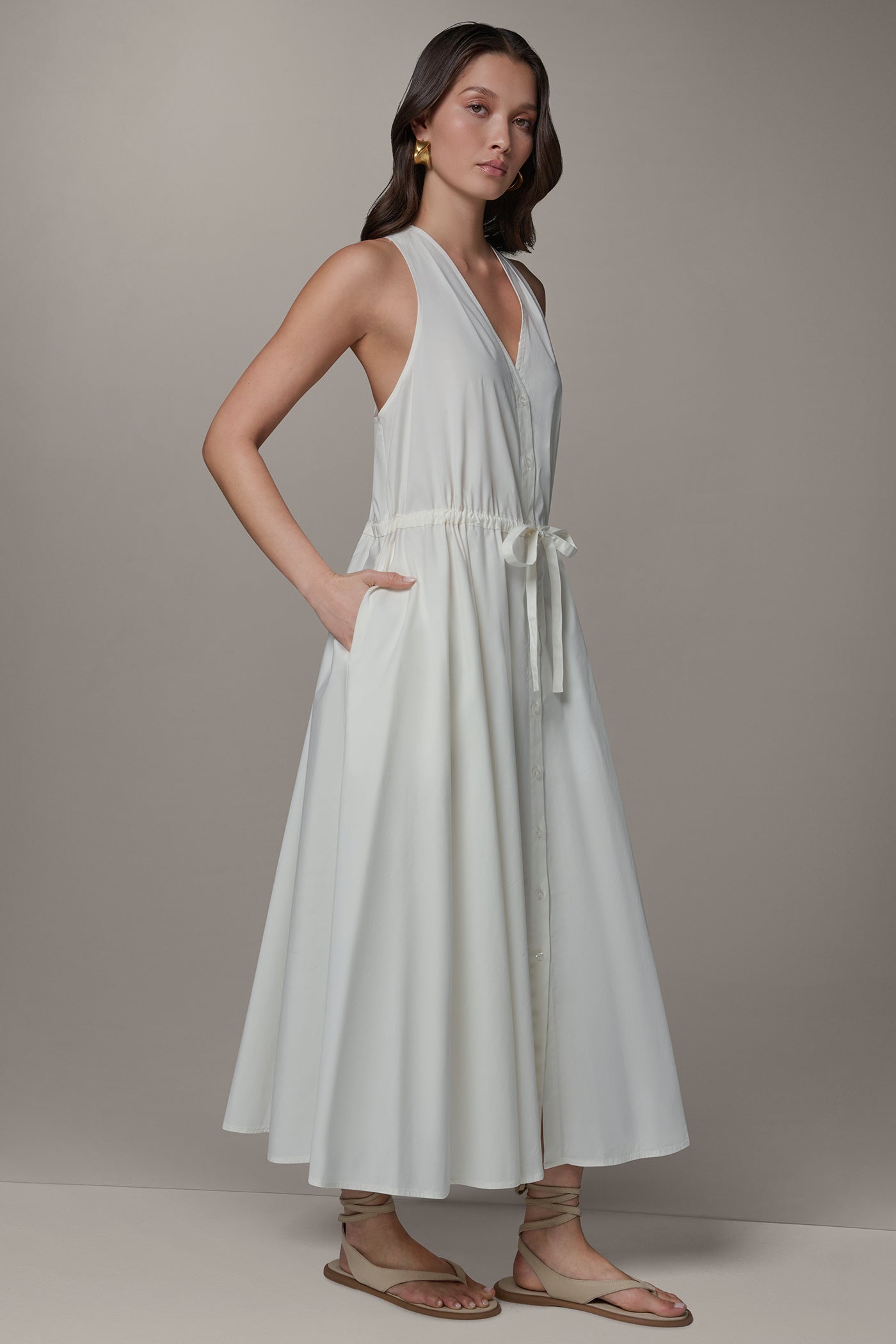Cream SLEEVELESS MIDI HALTER DRESS Donna Karan