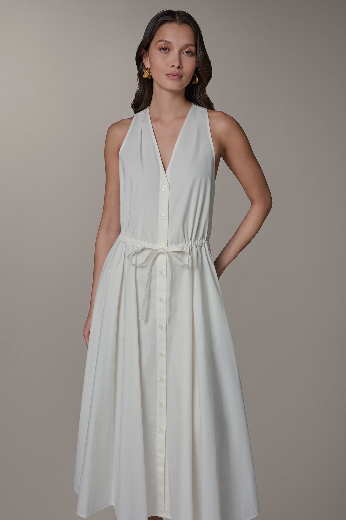 Cream SLEEVELESS MIDI HALTER DRESS Donna Karan