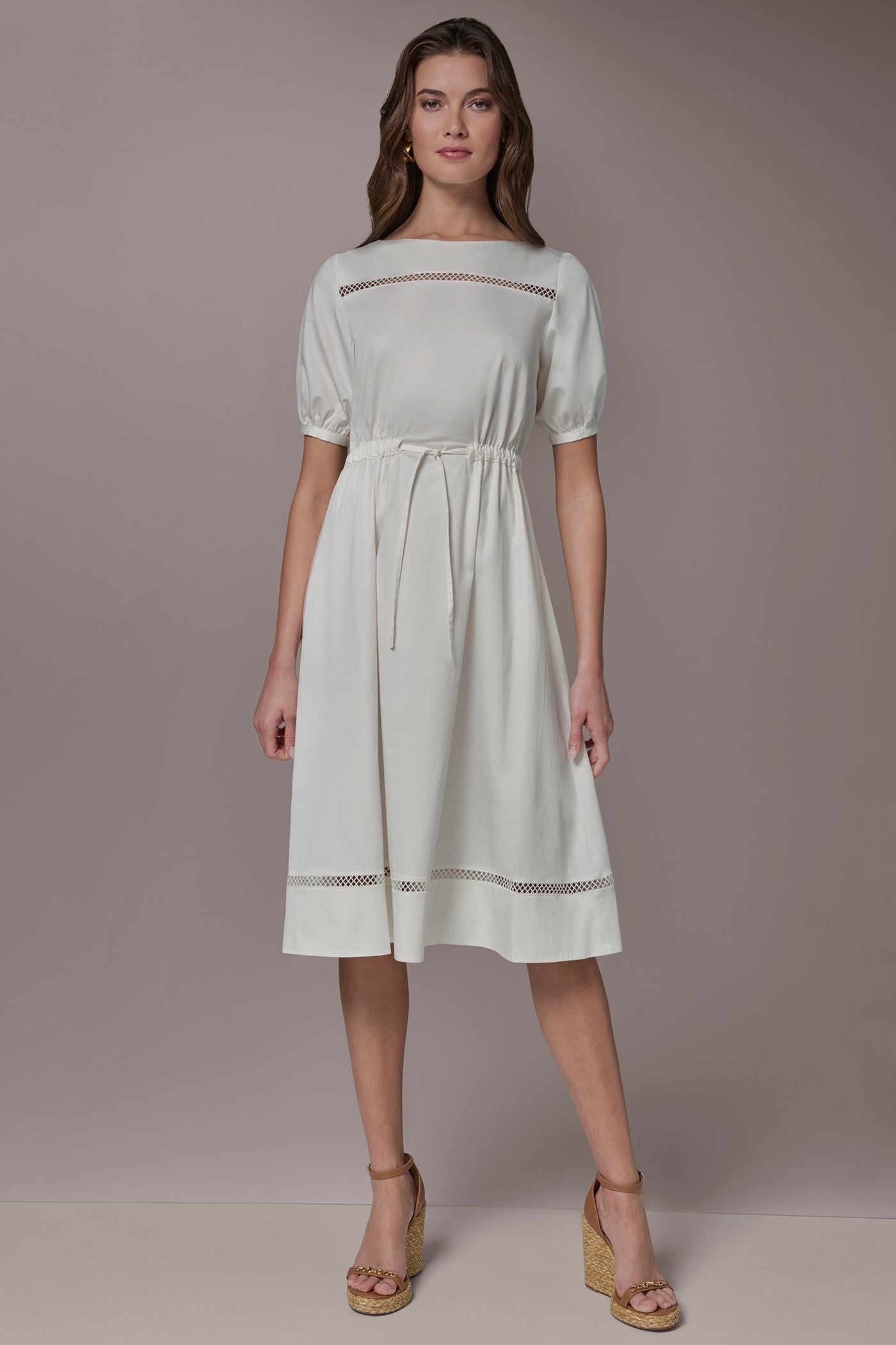 Cream COTTON-SATEEN LATTICE MIDI A-LINE DRESS Donna Karan