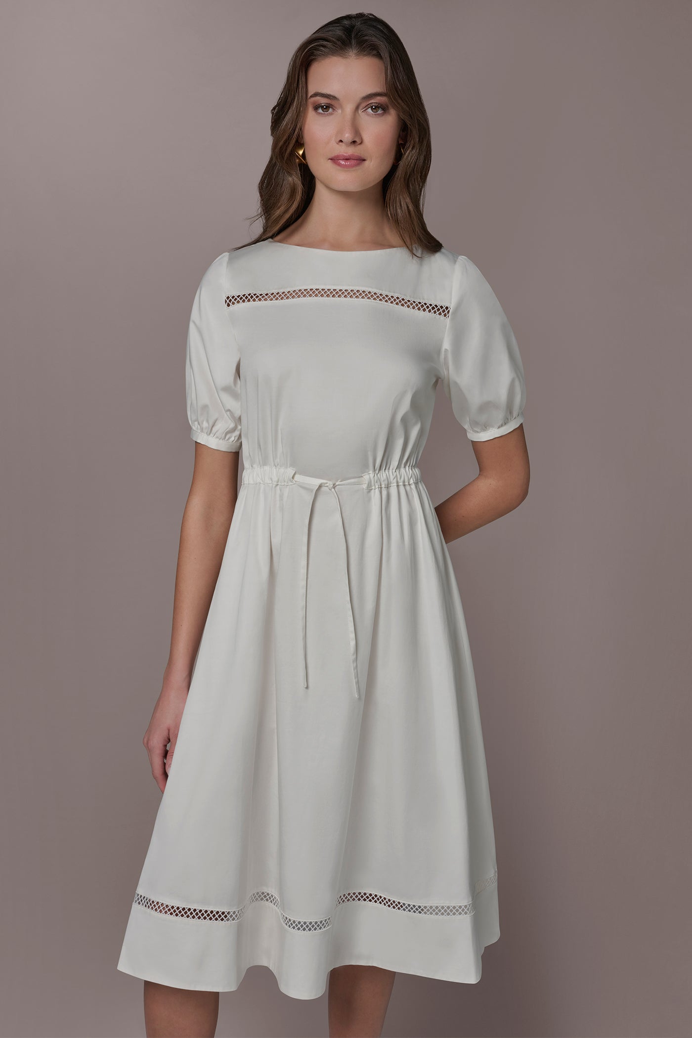 Cream COTTON-SATEEN LATTICE MIDI A-LINE DRESS Donna Karan