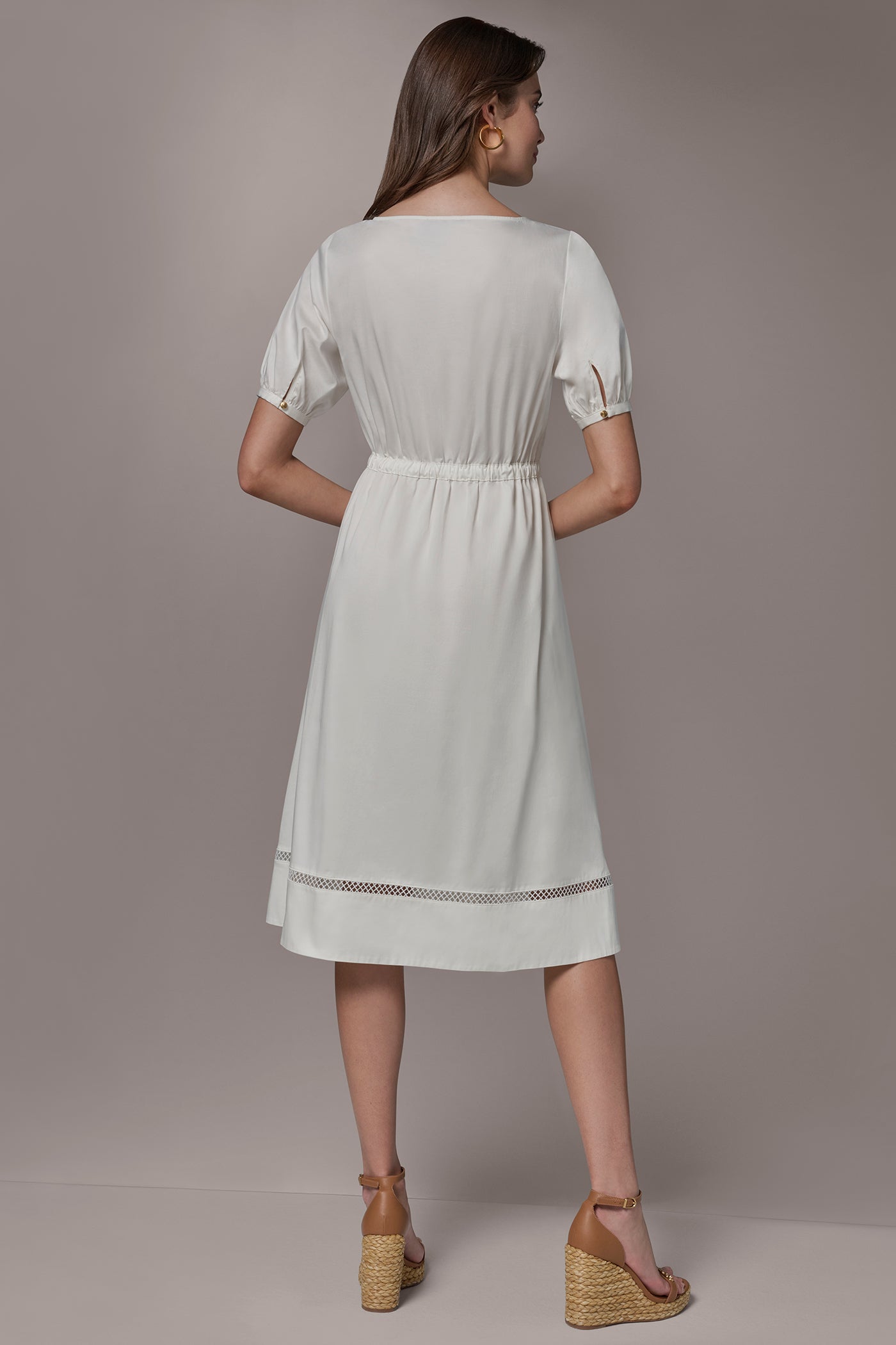 Cream COTTON-SATEEN LATTICE MIDI A-LINE DRESS Donna Karan