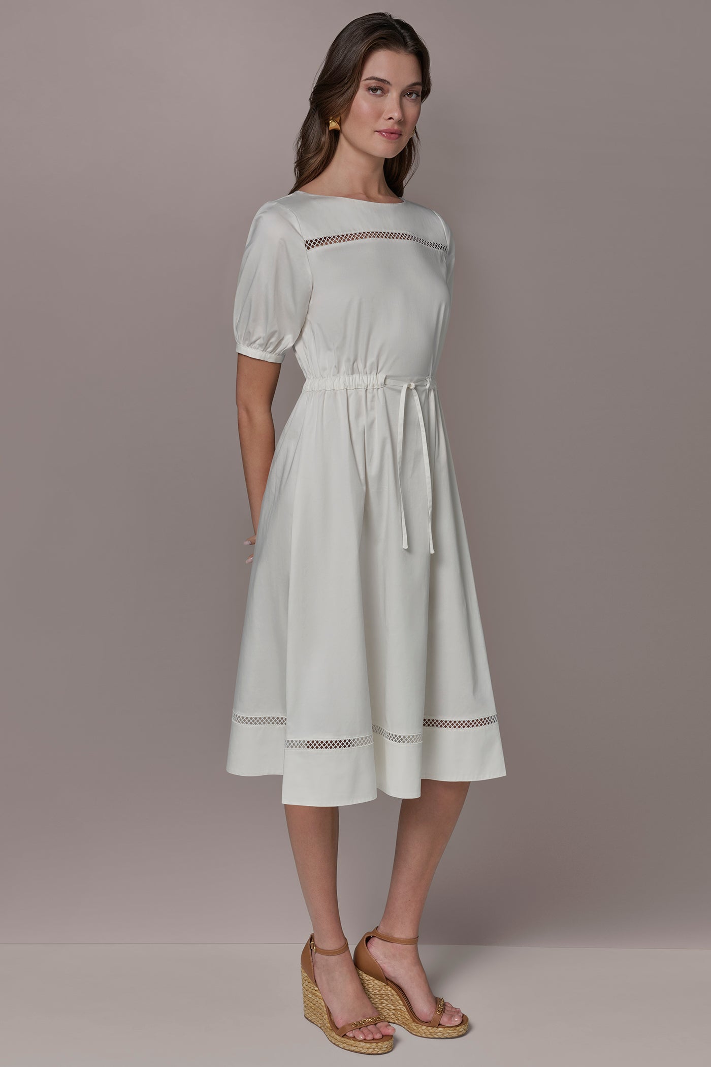 Cream COTTON-SATEEN LATTICE MIDI A-LINE DRESS Donna Karan