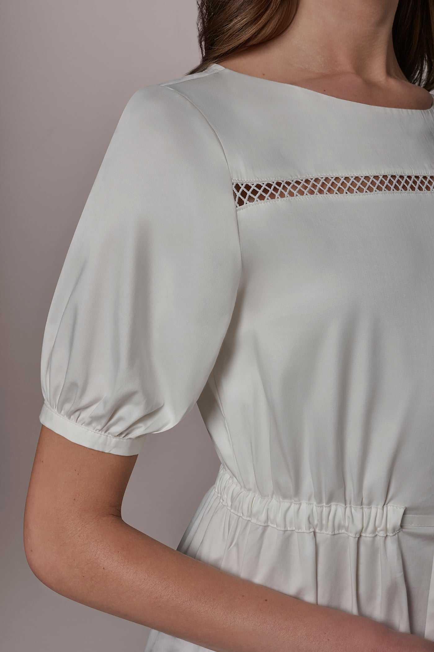 Cream COTTON-SATEEN LATTICE MIDI A-LINE DRESS Donna Karan