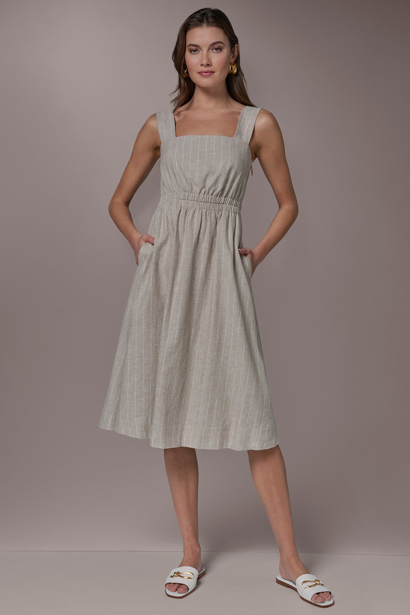 Tuscan Grey/Cream LINEN-BLEND PINSTRIPE CUTOUT MIDI DRESS Donna Karan