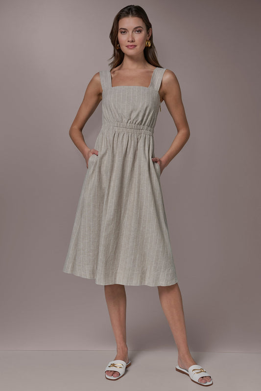 Tuscan Grey/Cream LINEN-BLEND PINSTRIPE CUTOUT MIDI DRESS Donna Karan