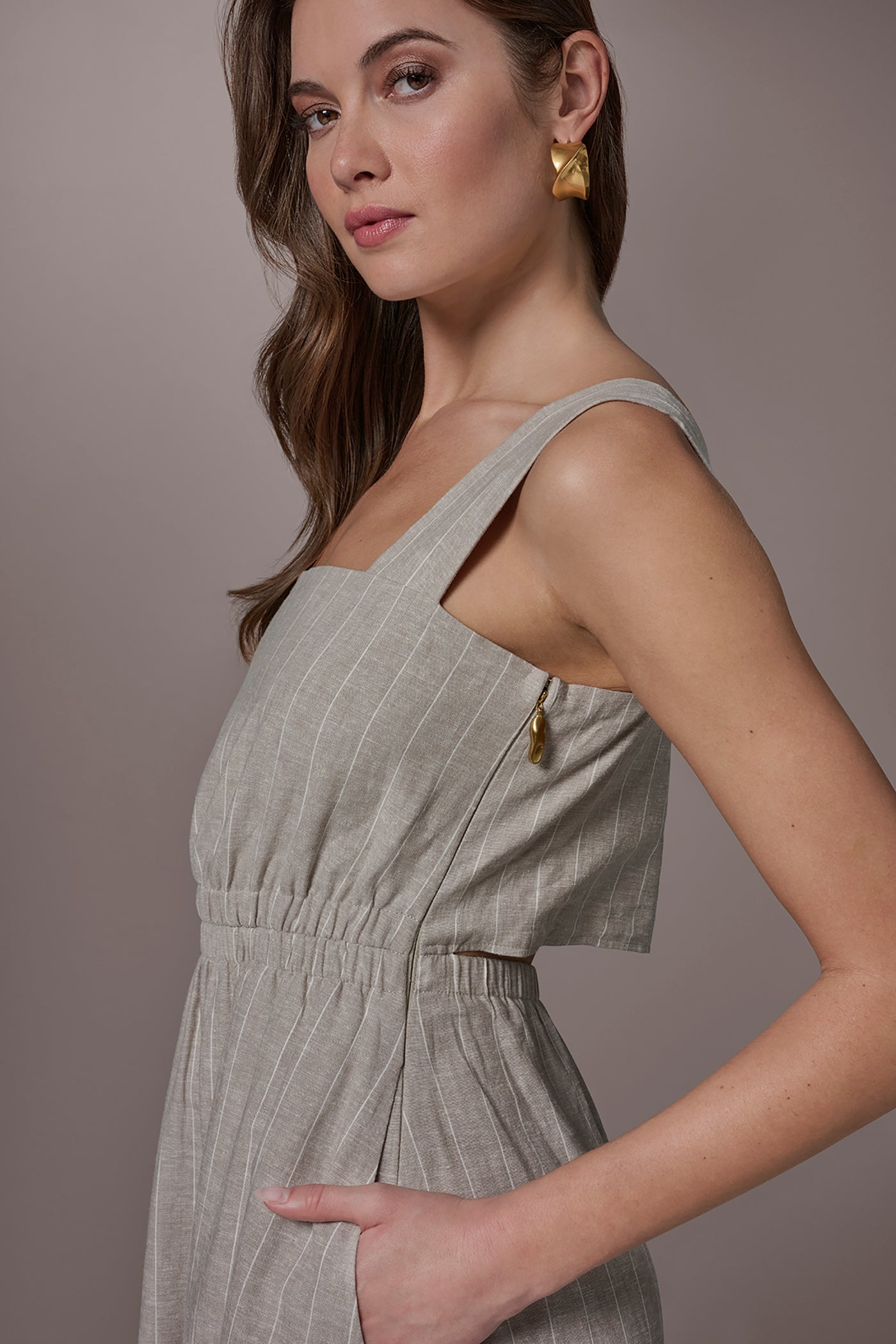 Tuscan Grey/Cream LINEN-BLEND PINSTRIPE CUTOUT MIDI DRESS Donna Karan