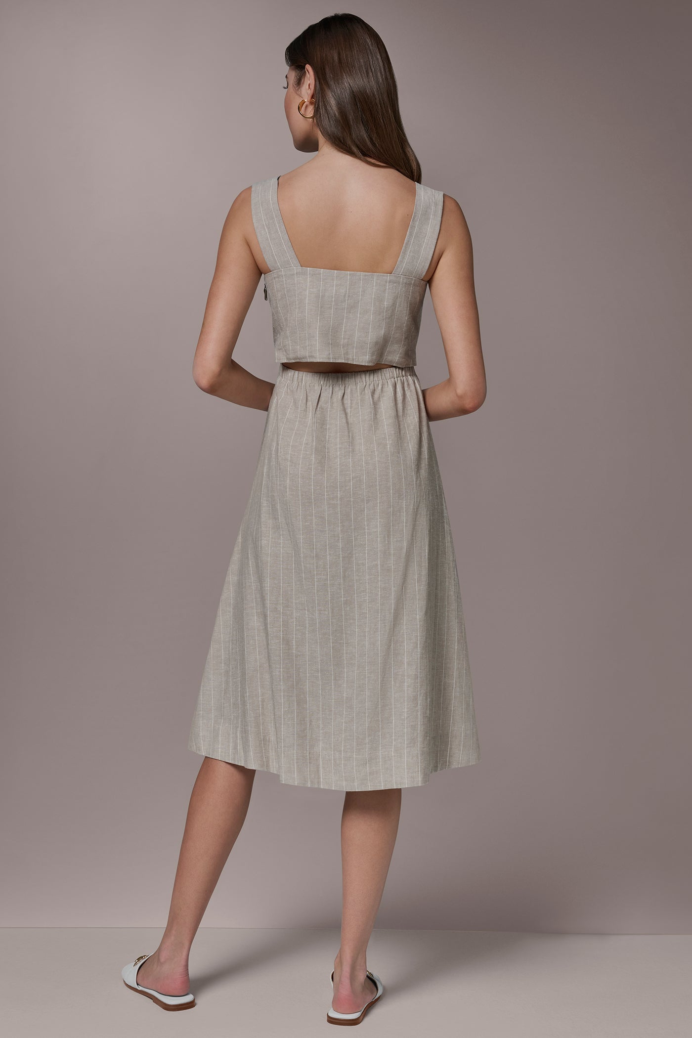 Tuscan Grey/Cream LINEN-BLEND PINSTRIPE CUTOUT MIDI DRESS Donna Karan