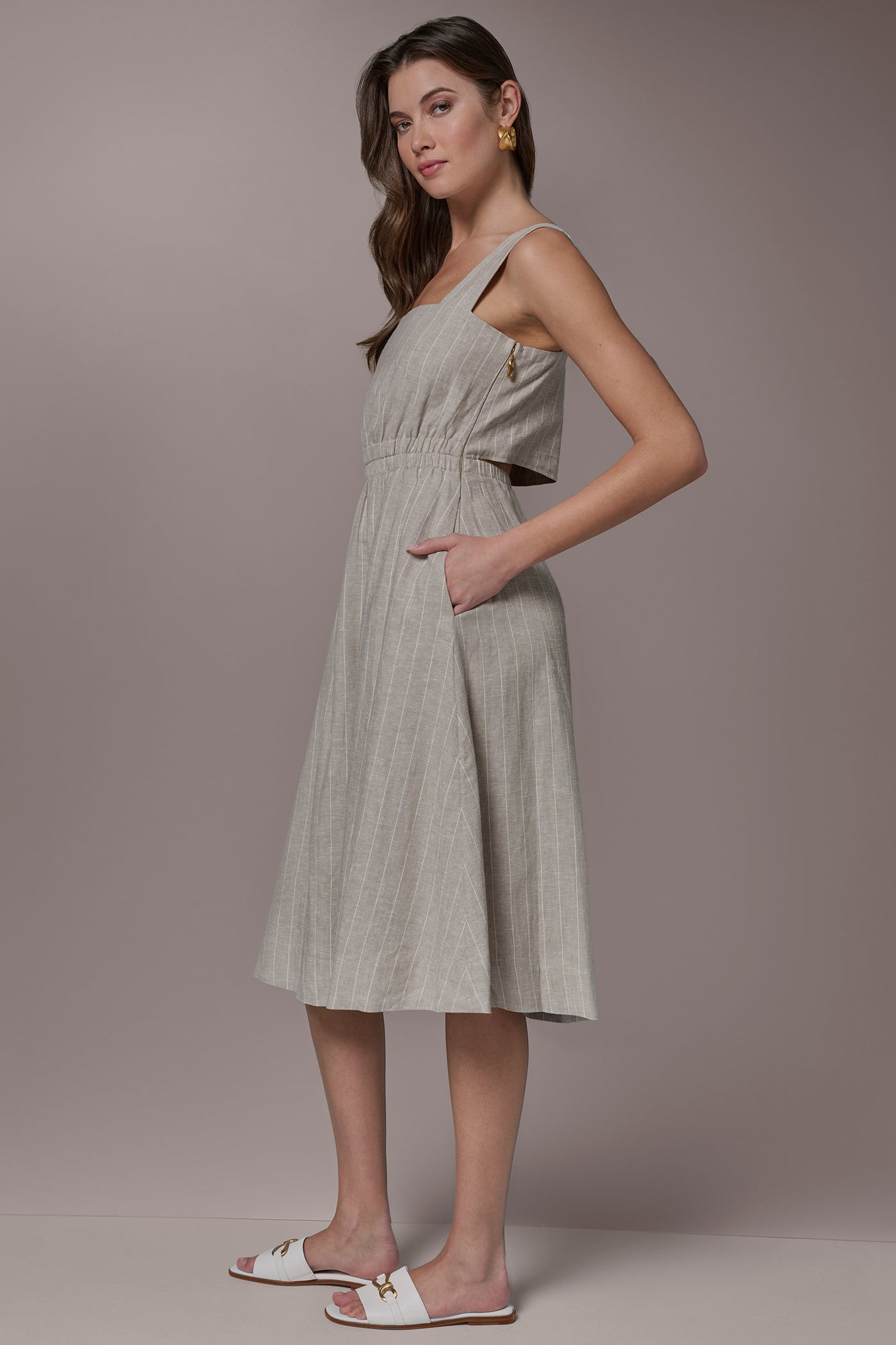 Tuscan Grey/Cream LINEN-BLEND PINSTRIPE CUTOUT MIDI DRESS Donna Karan