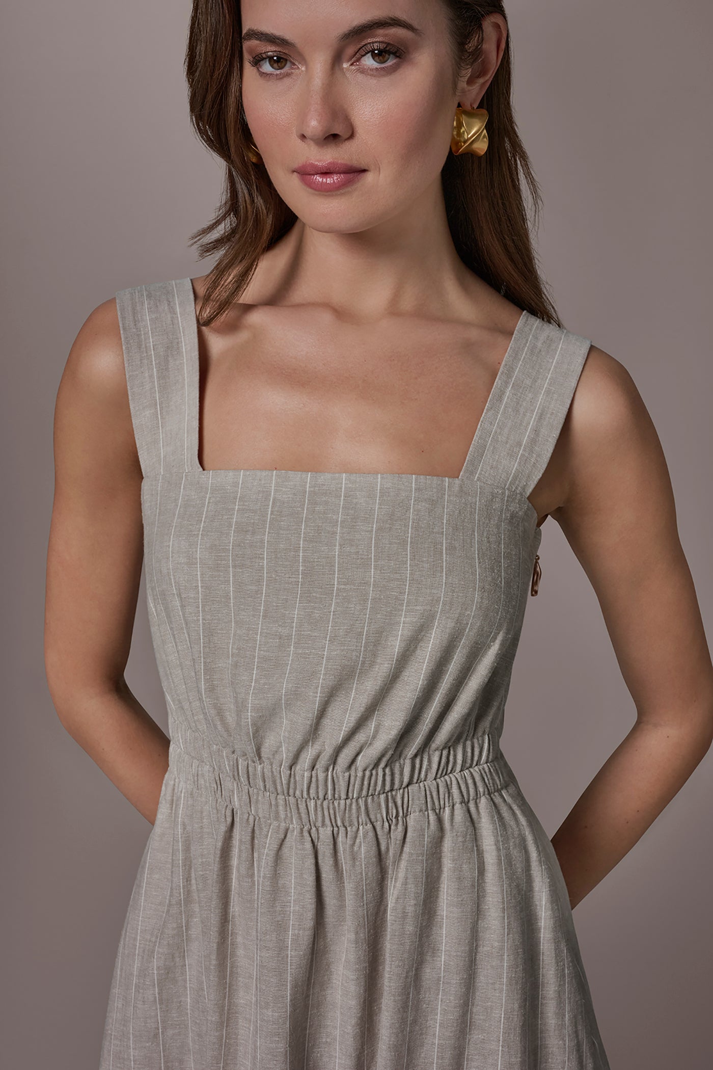 Tuscan Grey/Cream LINEN-BLEND PINSTRIPE CUTOUT MIDI DRESS Donna Karan