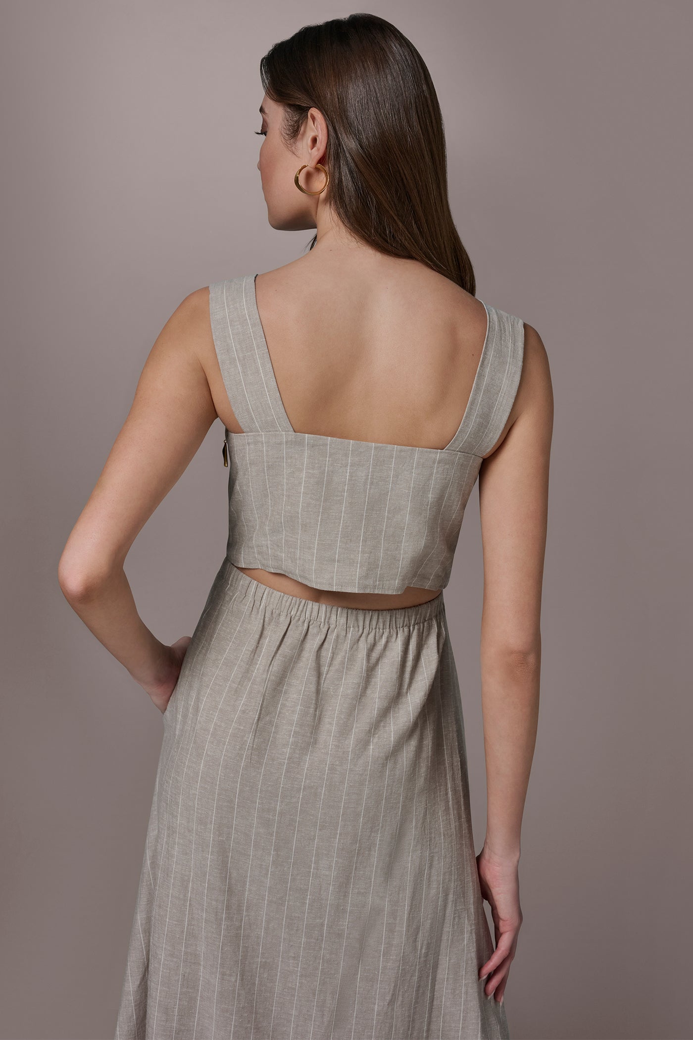 Tuscan Grey/Cream LINEN-BLEND PINSTRIPE CUTOUT MIDI DRESS Donna Karan