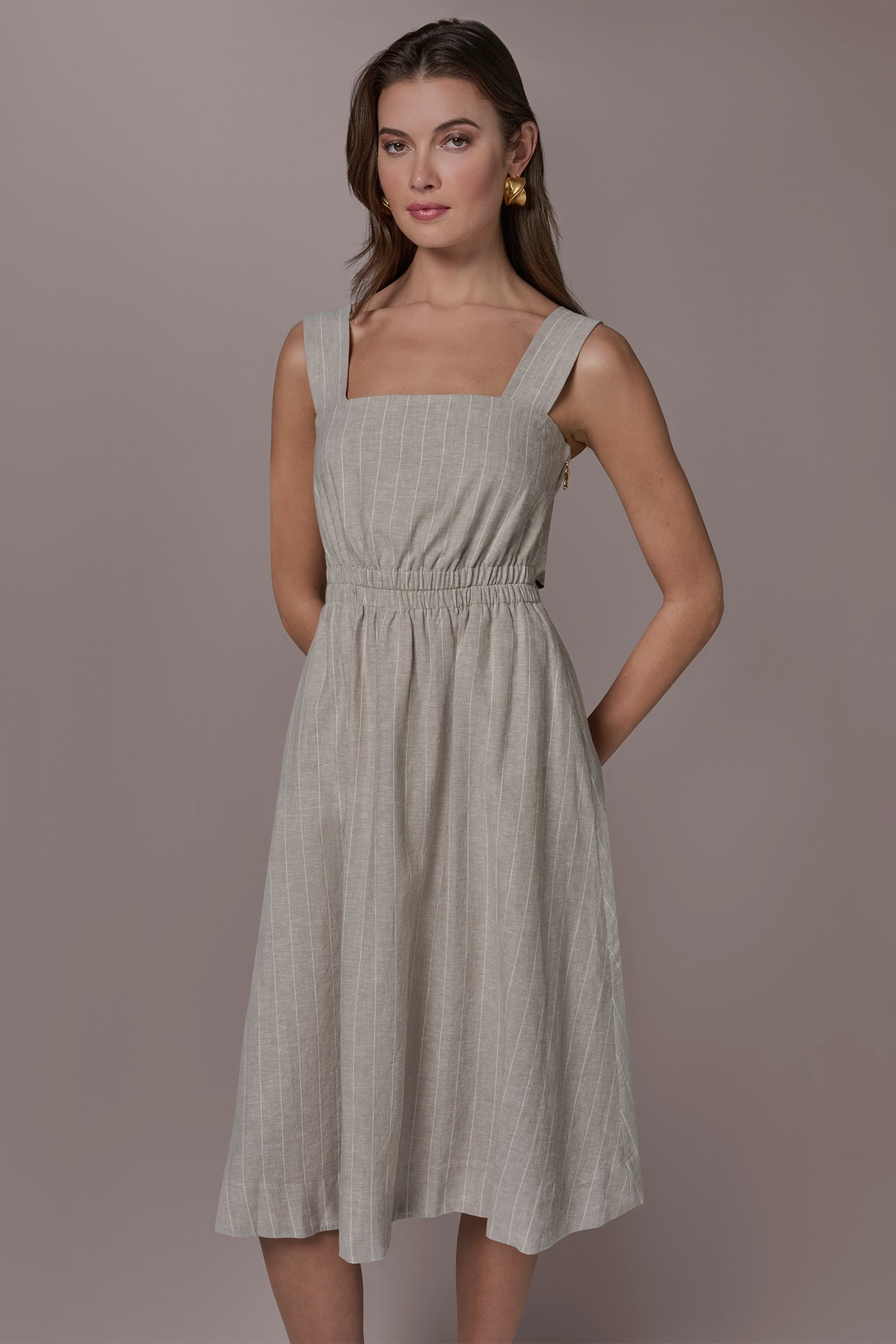 Tuscan Grey/Cream LINEN-BLEND PINSTRIPE CUTOUT MIDI DRESS Donna Karan