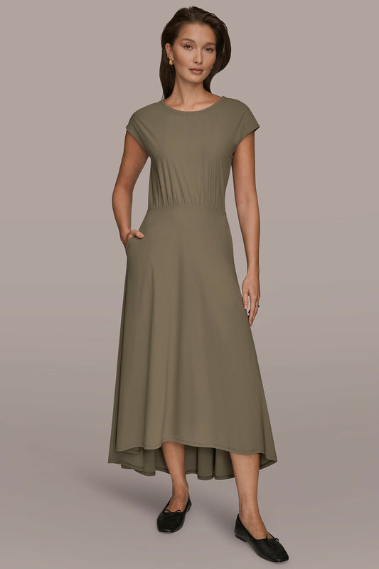KHAKI GREEN THE MODERN TRAVEL MIDI FIT AND FLARE DRESS Donna Karan