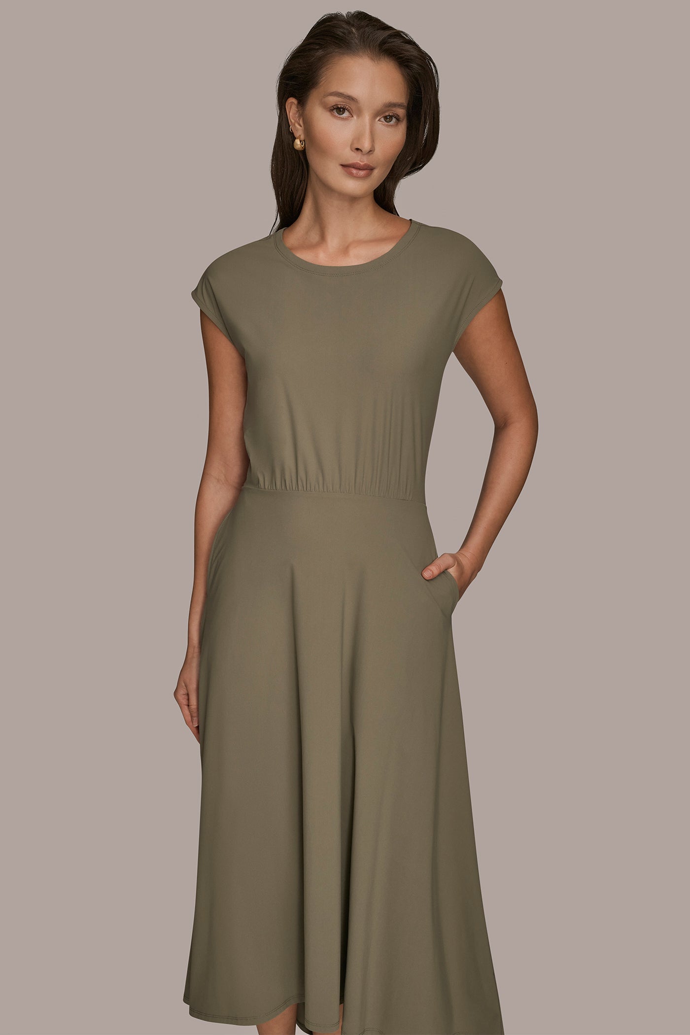 KHAKI GREEN THE MODERN TRAVEL MIDI FIT AND FLARE DRESS Donna Karan