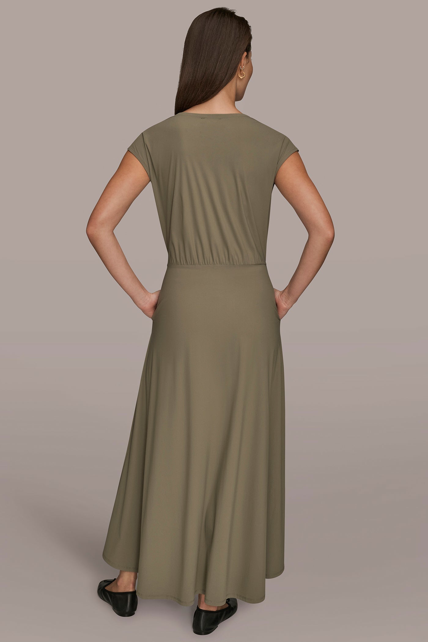 KHAKI GREEN THE MODERN TRAVEL MIDI FIT AND FLARE DRESS Donna Karan