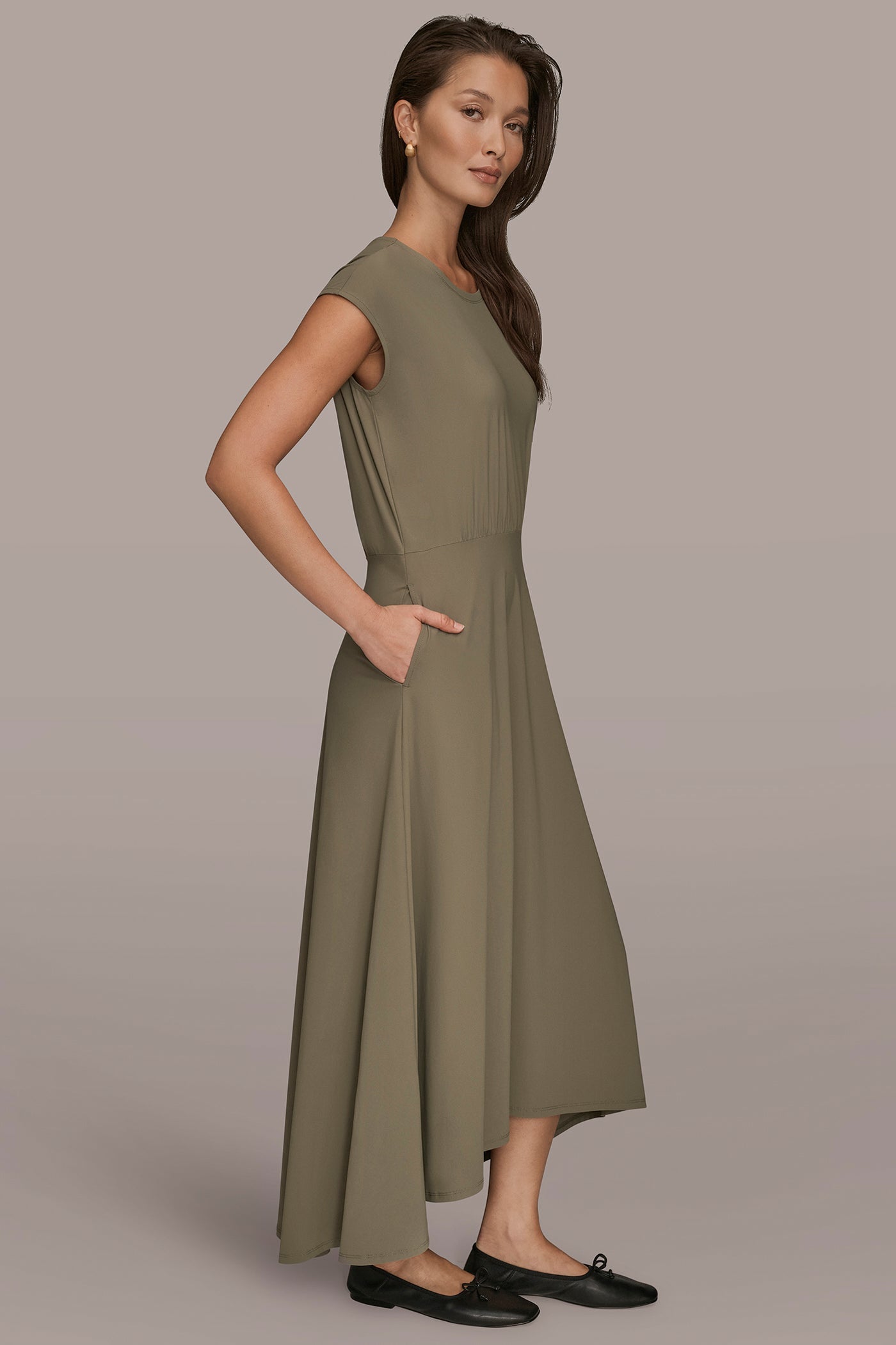 KHAKI GREEN THE MODERN TRAVEL MIDI FIT AND FLARE DRESS Donna Karan