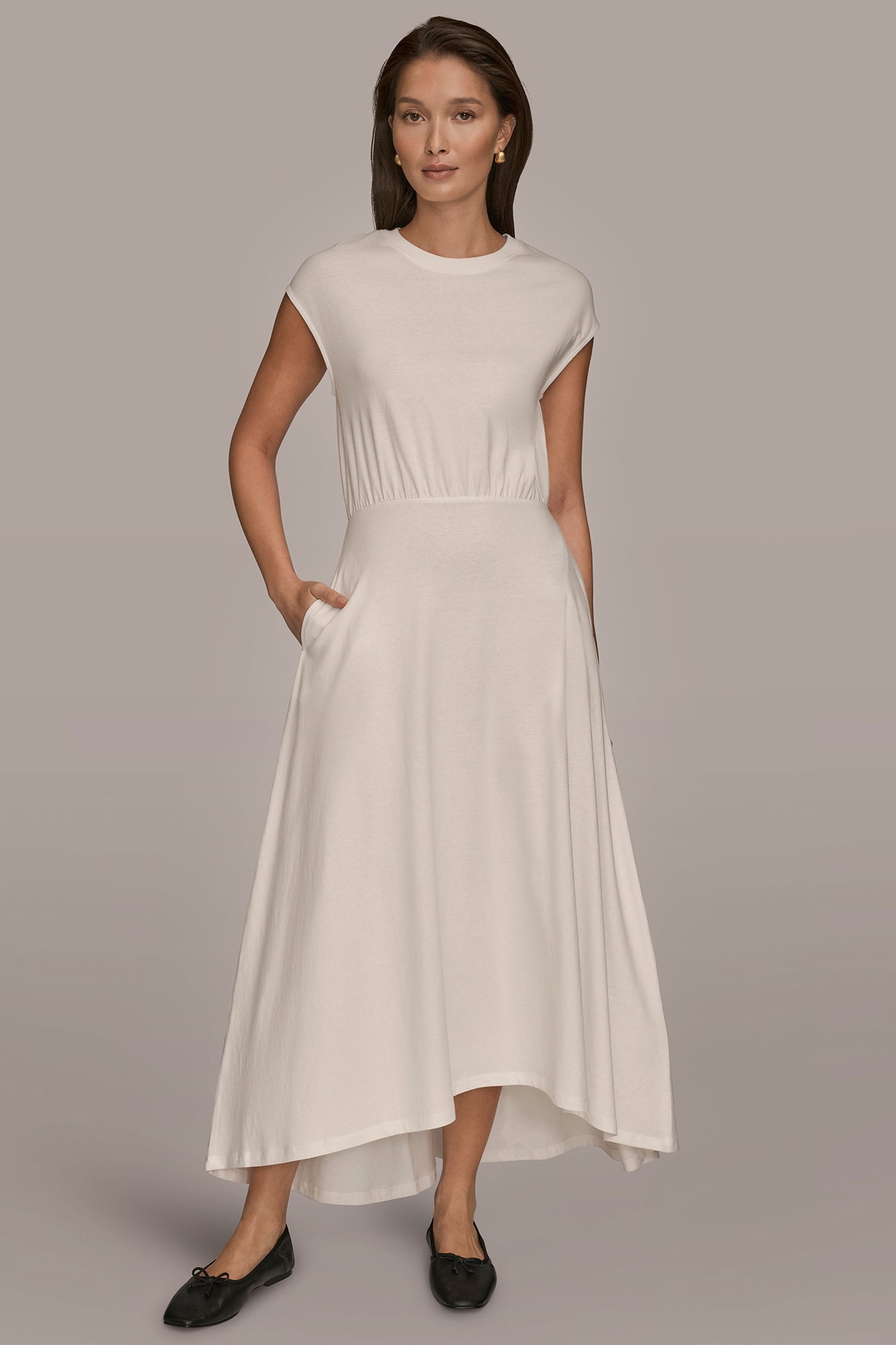 CREAM CAP SLEEVE CREW NECK DRESS Donna Karan