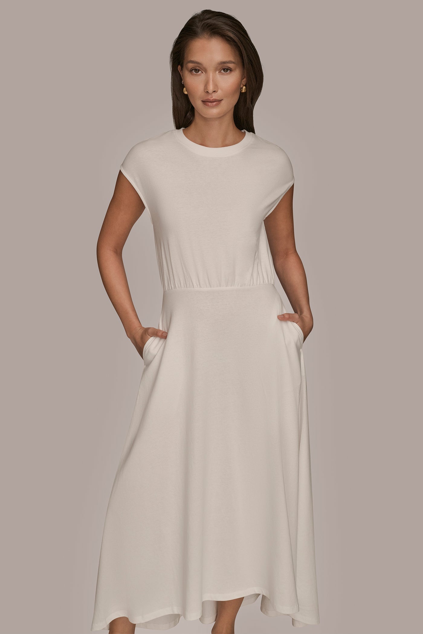 CREAM CAP SLEEVE CREW NECK DRESS Donna Karan