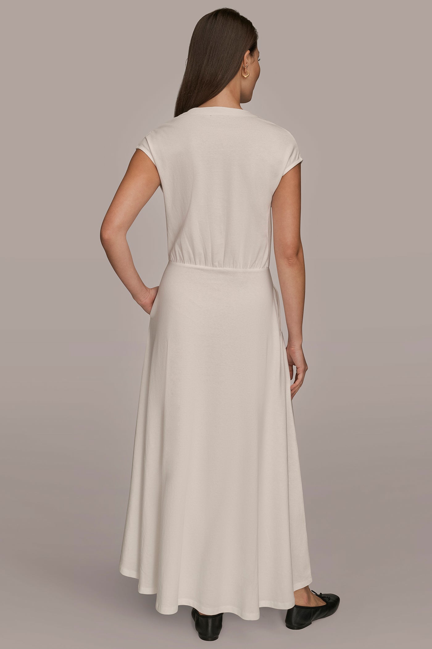 CREAM CAP SLEEVE CREW NECK DRESS Donna Karan