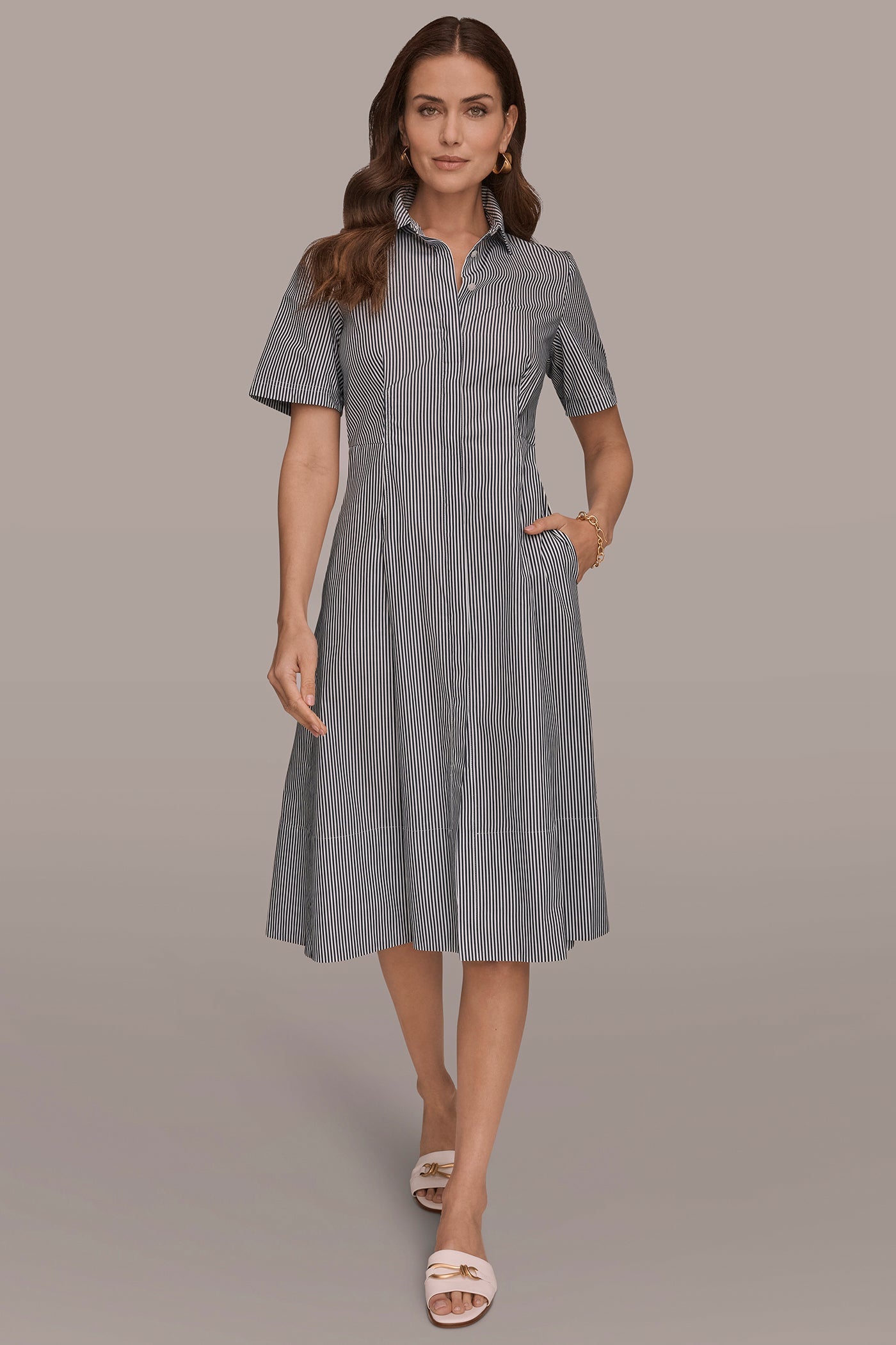 Nightfall / White COTTON-POPLIN STRIPED MIDI SHIRT DRESS Donna Karan