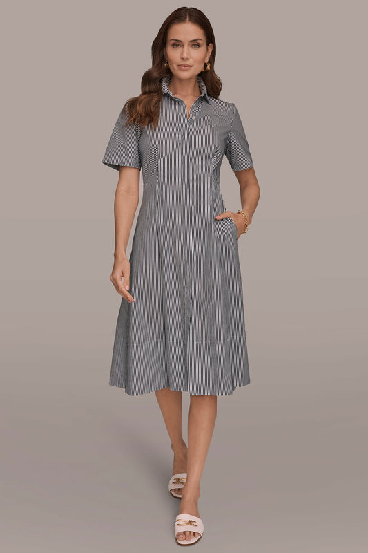 Nightfall / White COTTON-POPLIN STRIPED MIDI SHIRT DRESS Donna Karan
