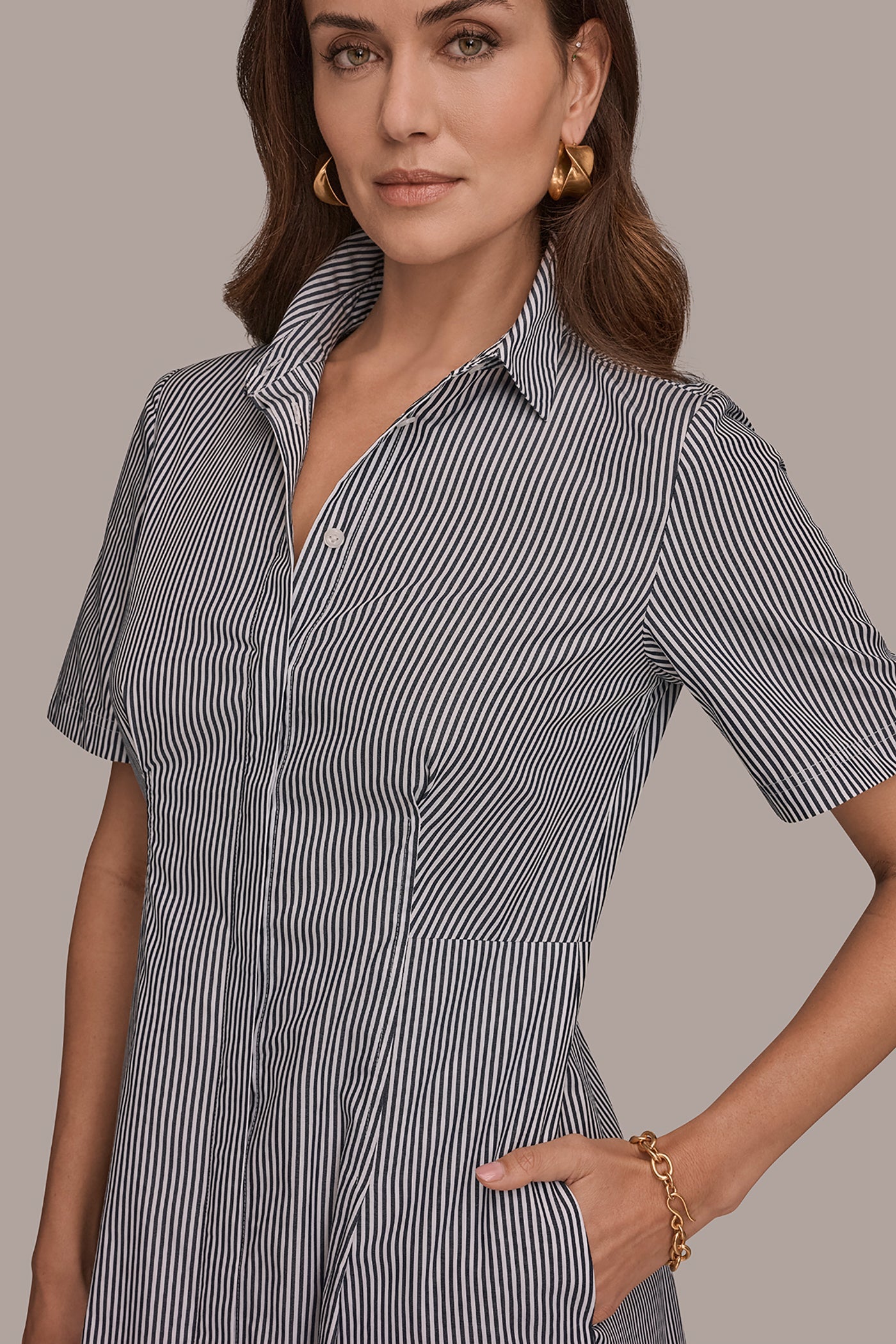 Nightfall / White COTTON-POPLIN STRIPED MIDI SHIRT DRESS Donna Karan