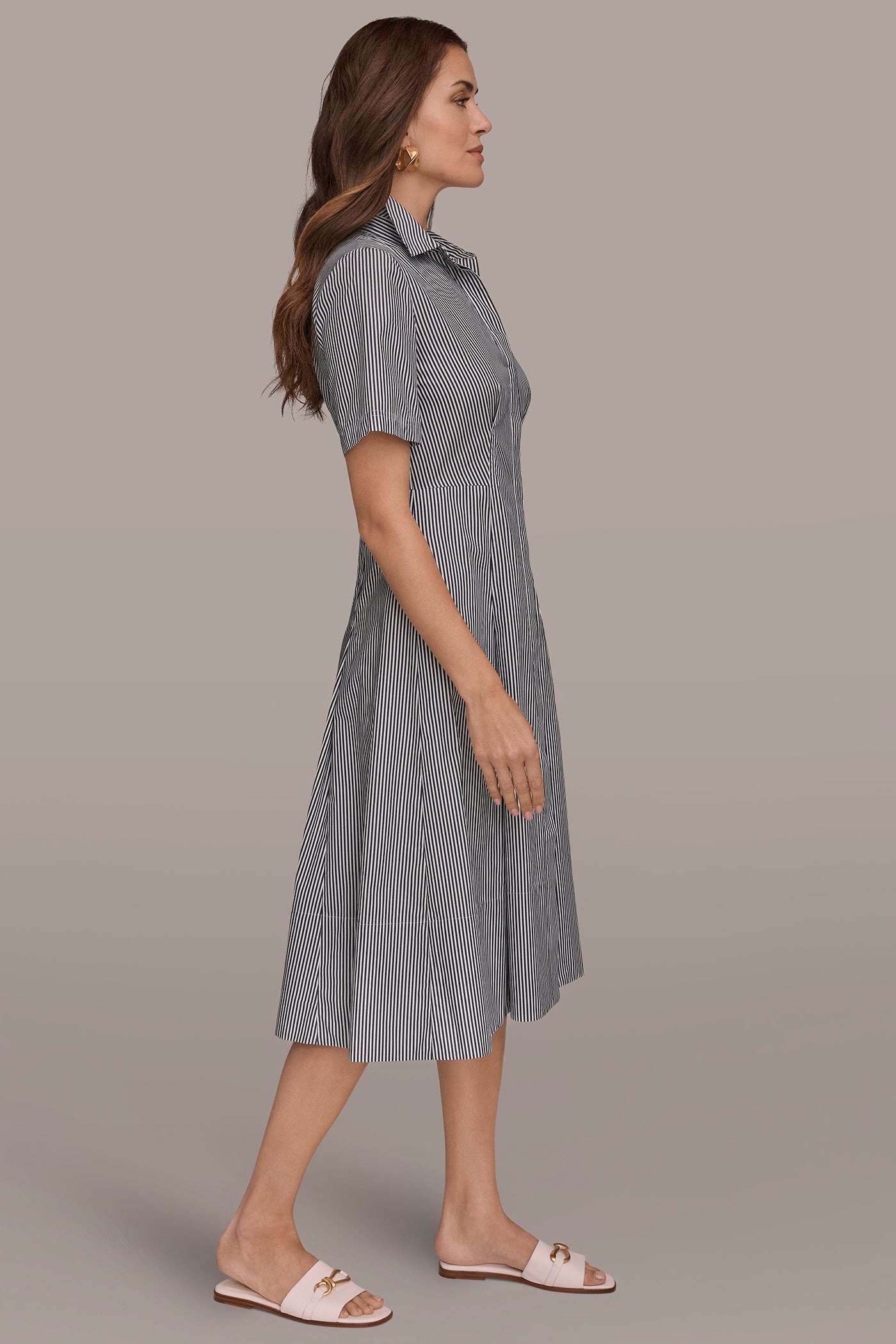 Nightfall / White COTTON-POPLIN STRIPED MIDI SHIRT DRESS Donna Karan