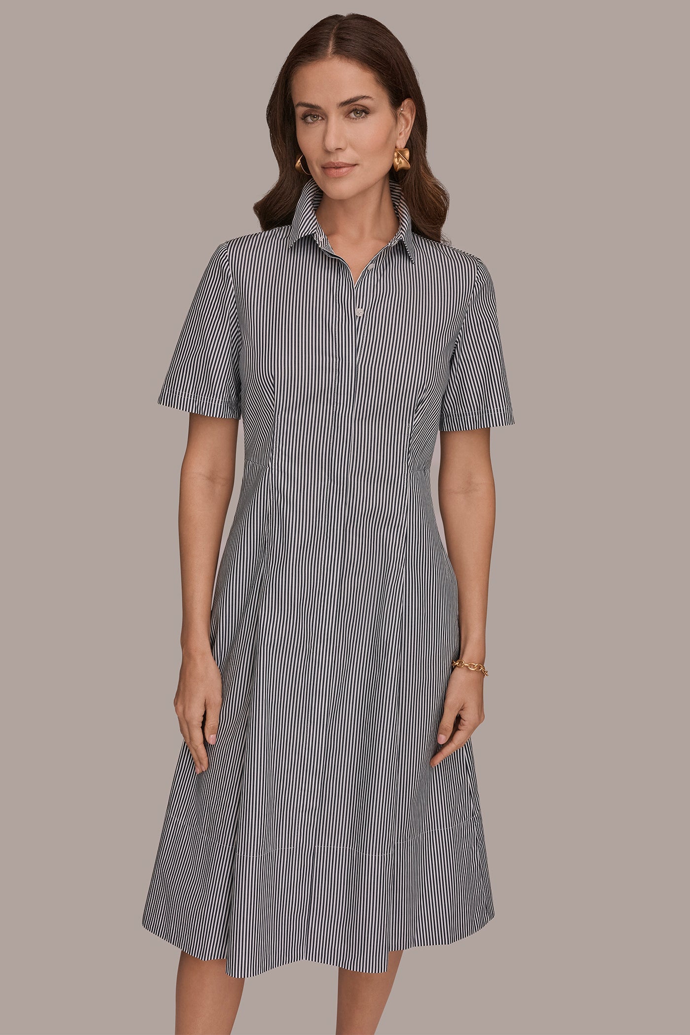 Nightfall / White COTTON-POPLIN STRIPED MIDI SHIRT DRESS Donna Karan