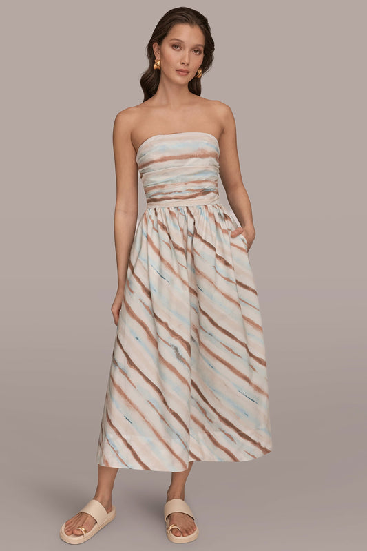 Watercolor Stripe STRAPLESS PRINTED MIDI DRESS Donna Karan