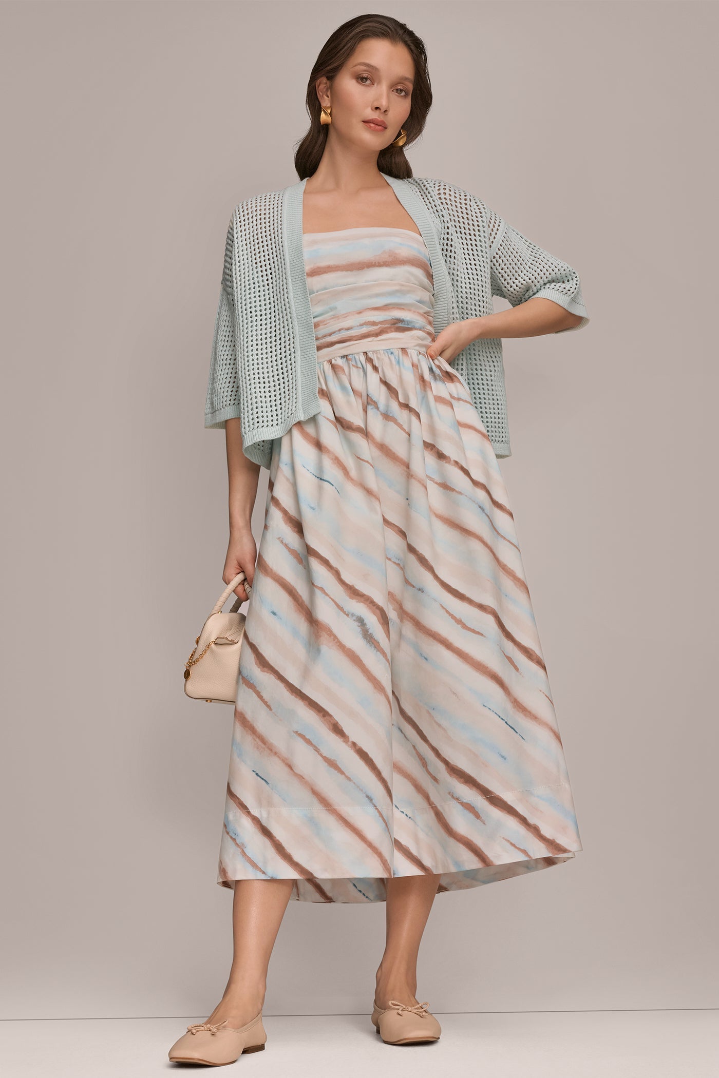 Watercolor Stripe STRAPLESS PRINTED MIDI DRESS Donna Karan