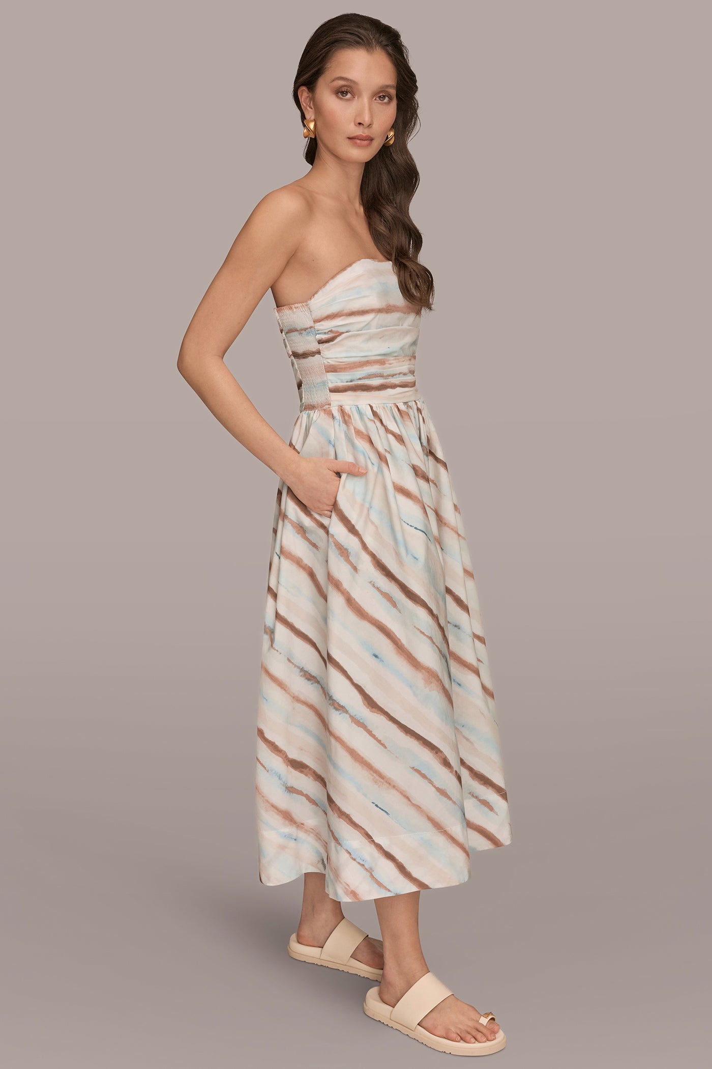 Watercolor Stripe STRAPLESS PRINTED MIDI DRESS Donna Karan