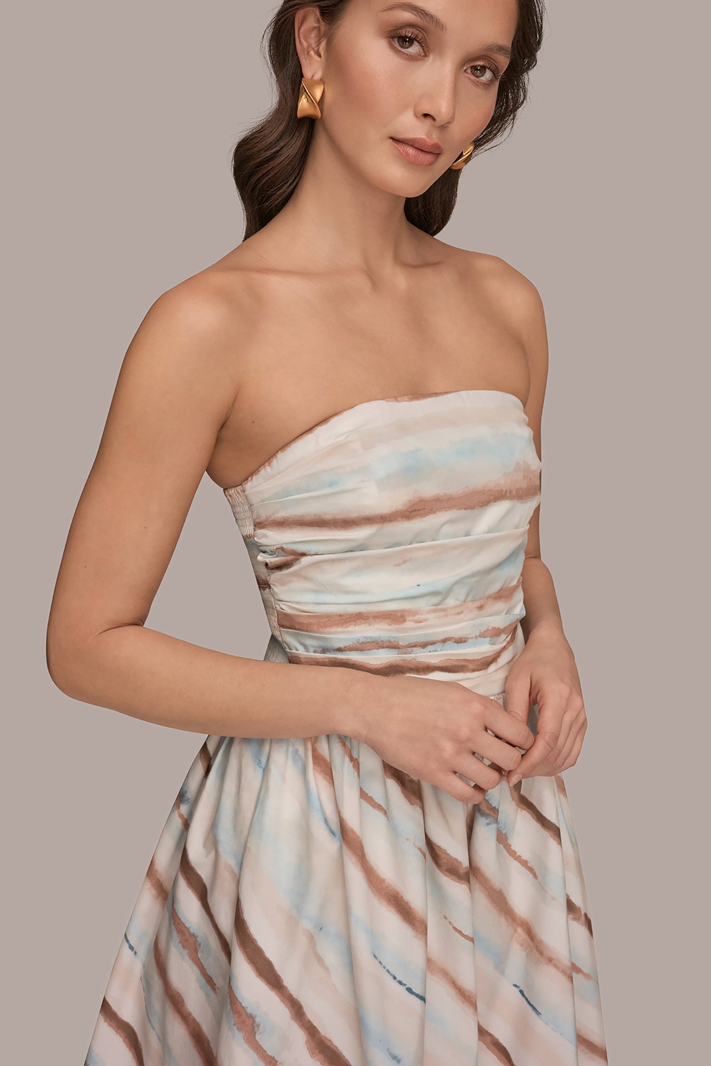 Watercolor Stripe STRAPLESS PRINTED MIDI DRESS Donna Karan