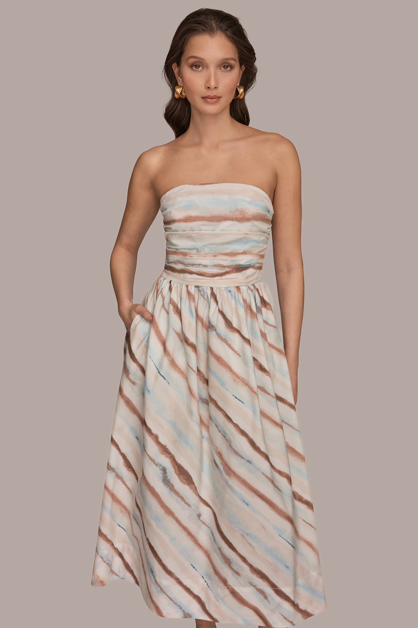 Watercolor Stripe STRAPLESS PRINTED MIDI DRESS Donna Karan