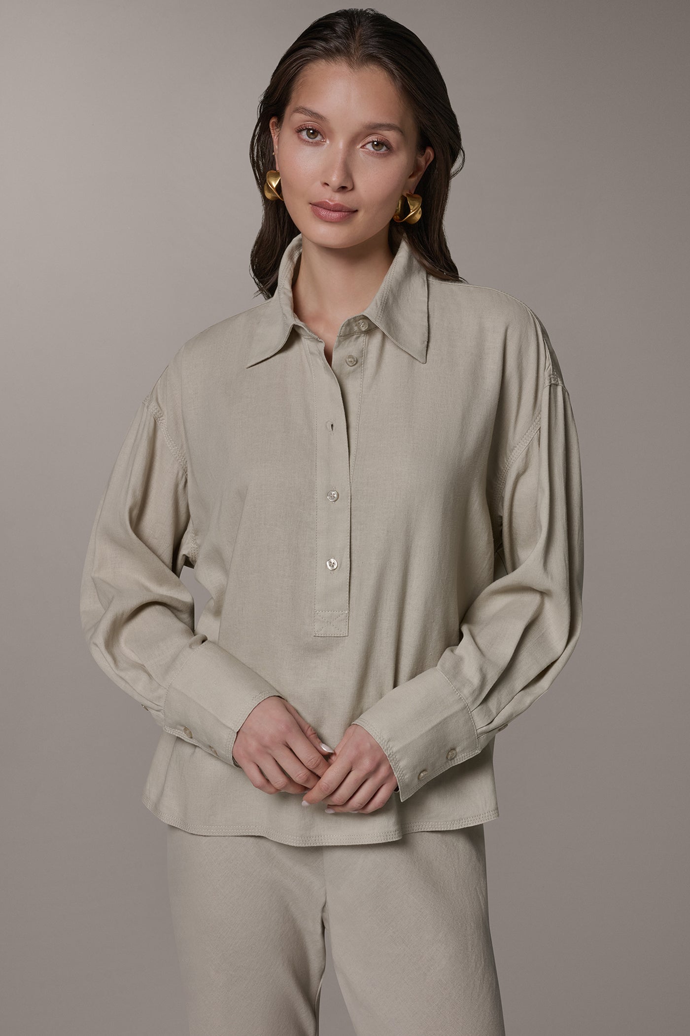 Sandstone LONG SLEEVE HALF BUTTON BLOUSE Donna Karan