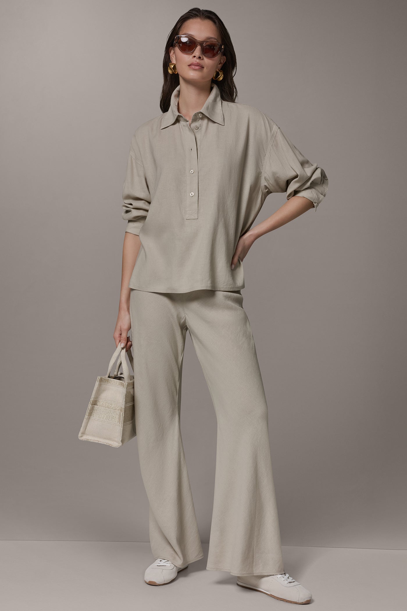 Sandstone LONG SLEEVE HALF BUTTON BLOUSE Donna Karan