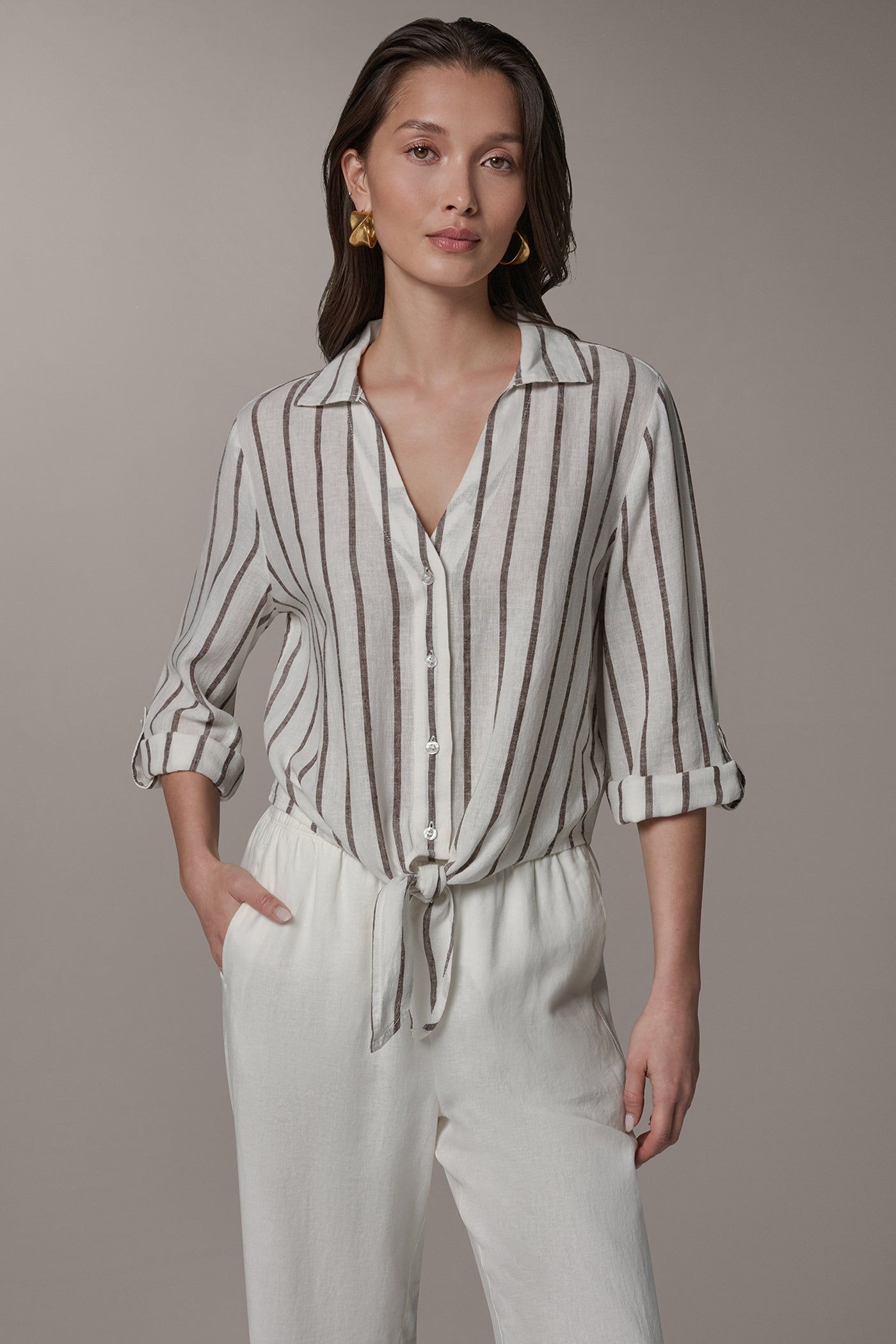 Cream/Canyon LONG SLEEVE TIE-FRONT BLOUSE Donna Karan