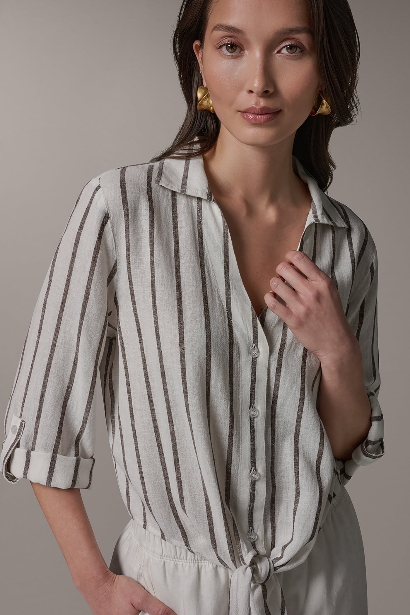 Cream/Canyon LONG SLEEVE TIE-FRONT BLOUSE Donna Karan