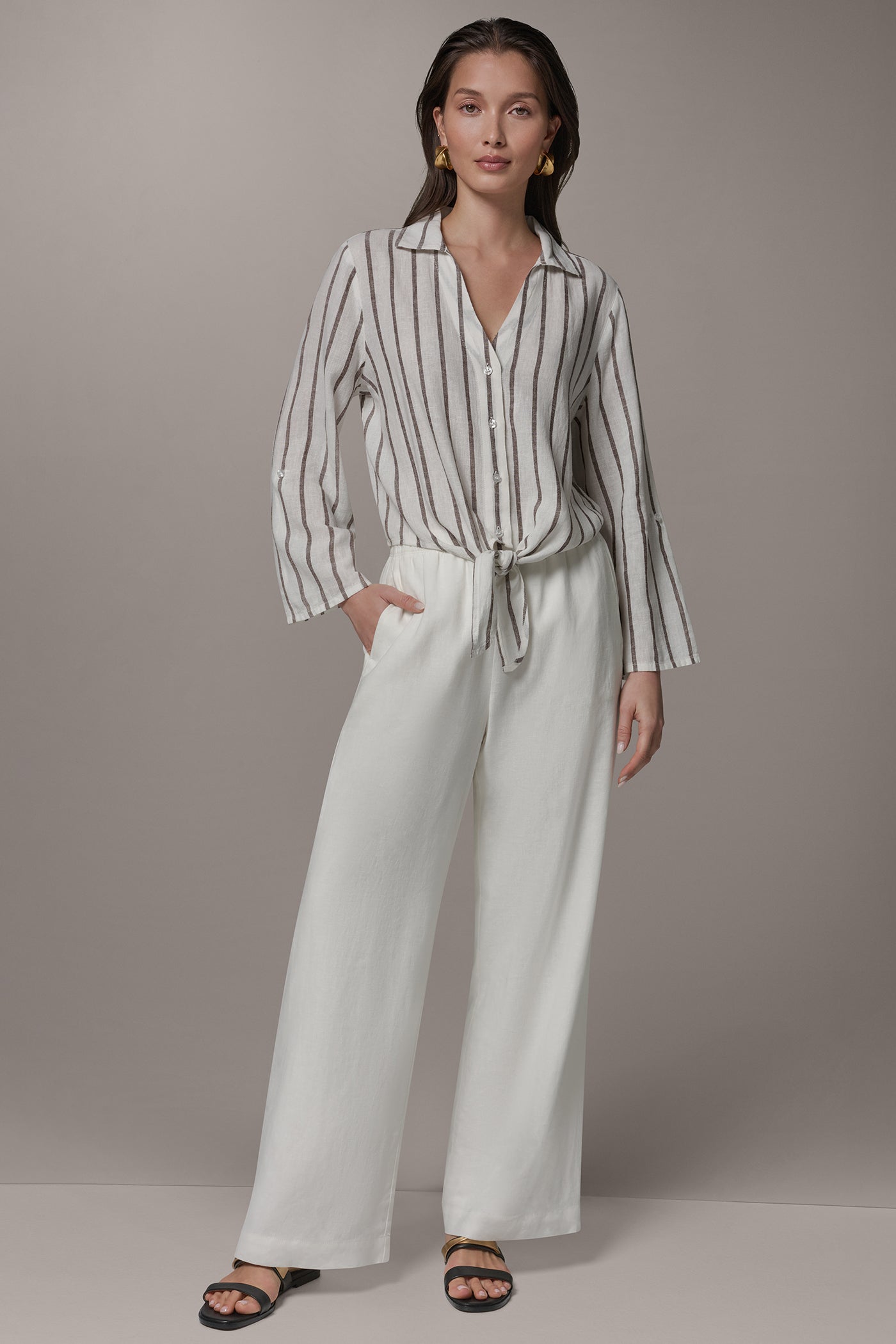 Cream/Canyon LONG SLEEVE TIE-FRONT BLOUSE Donna Karan