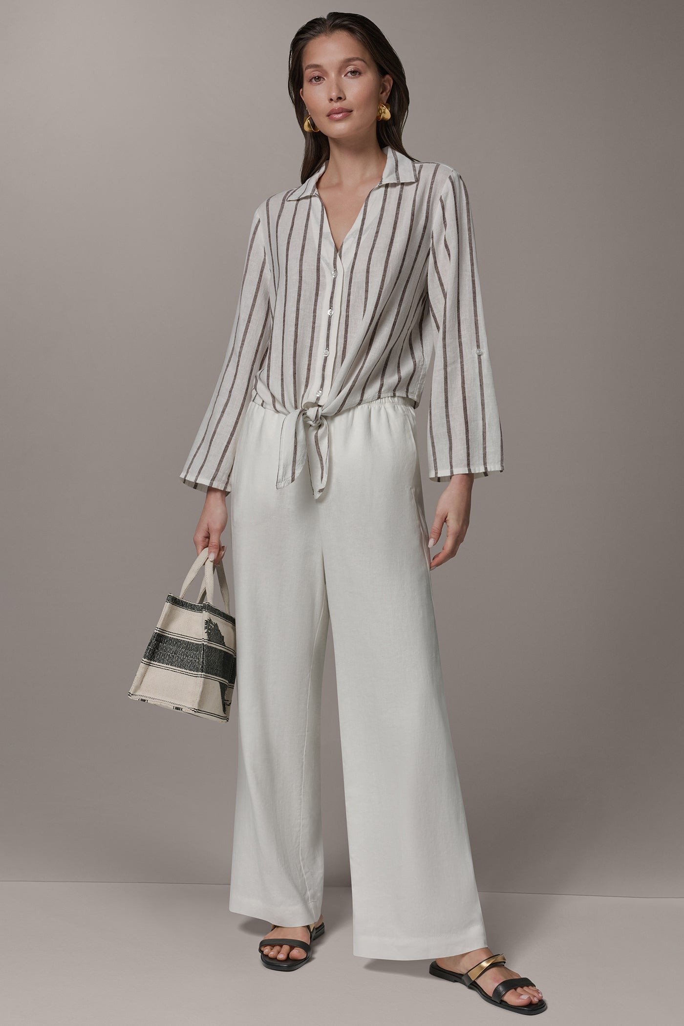Cream/Canyon LONG SLEEVE TIE-FRONT BLOUSE Donna Karan