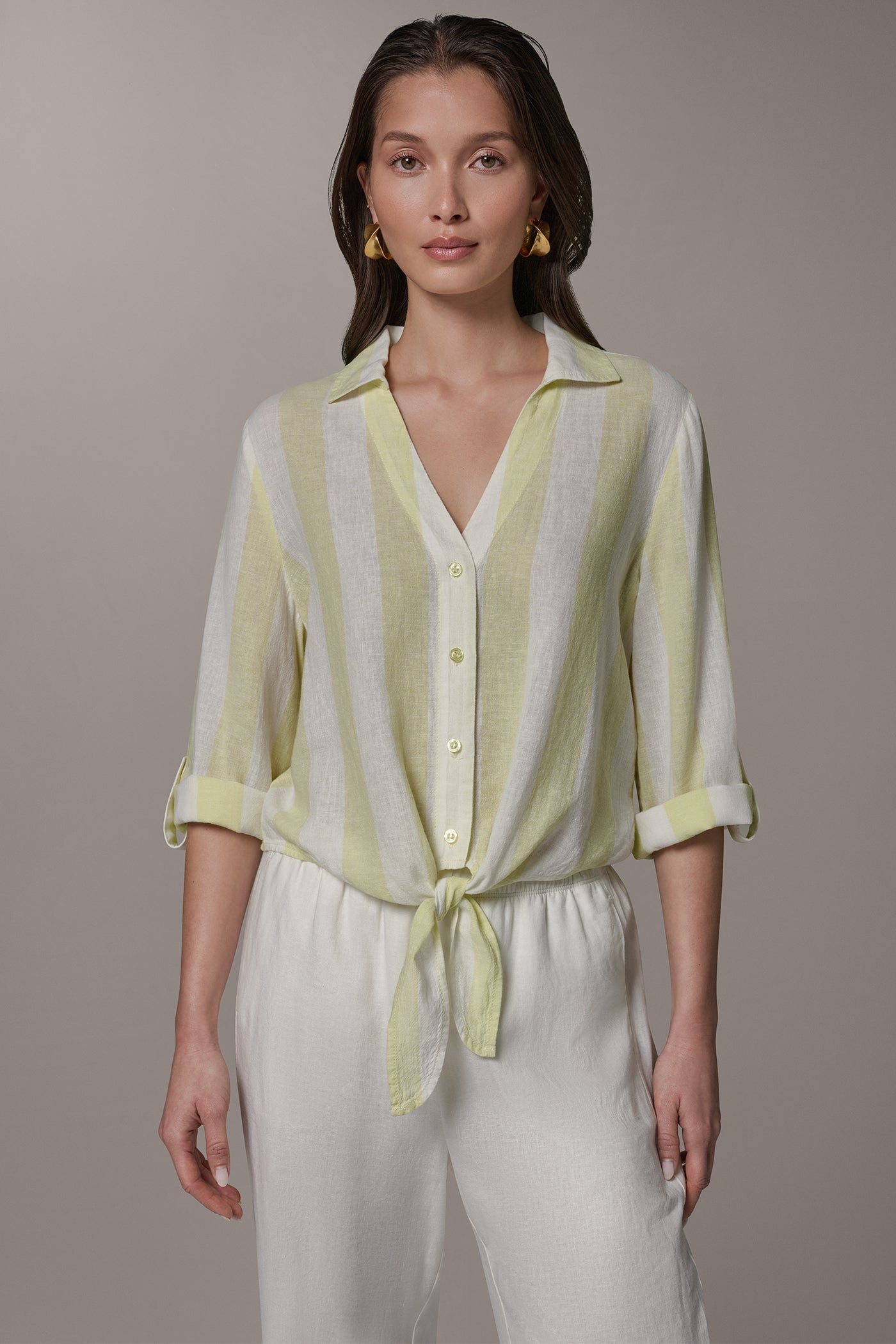 Limoncello/Cream LONG SLEEVE TIE-FRONT BLOUSE Donna Karan