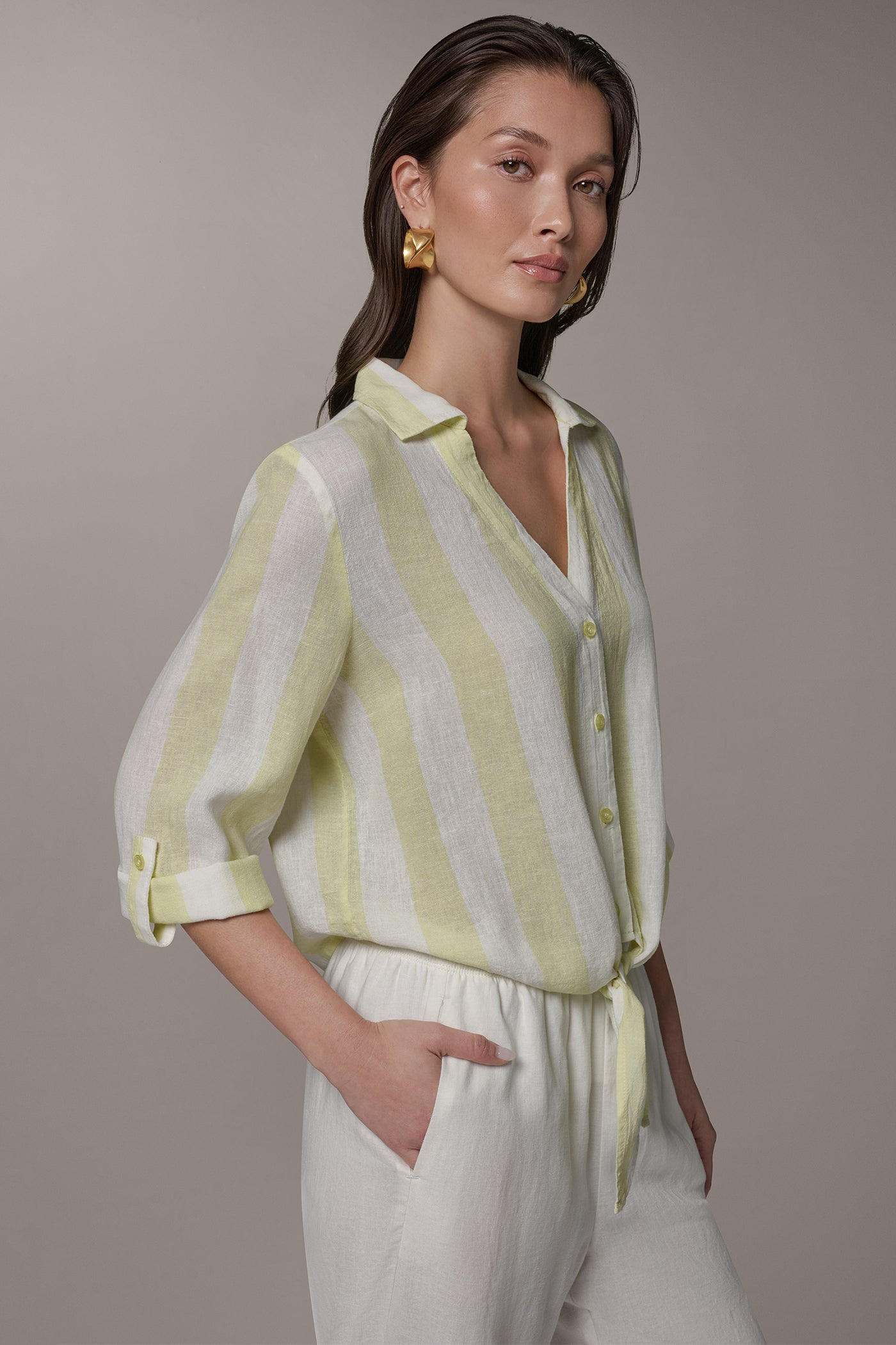 Limoncello/Cream LONG SLEEVE TIE-FRONT BLOUSE Donna Karan