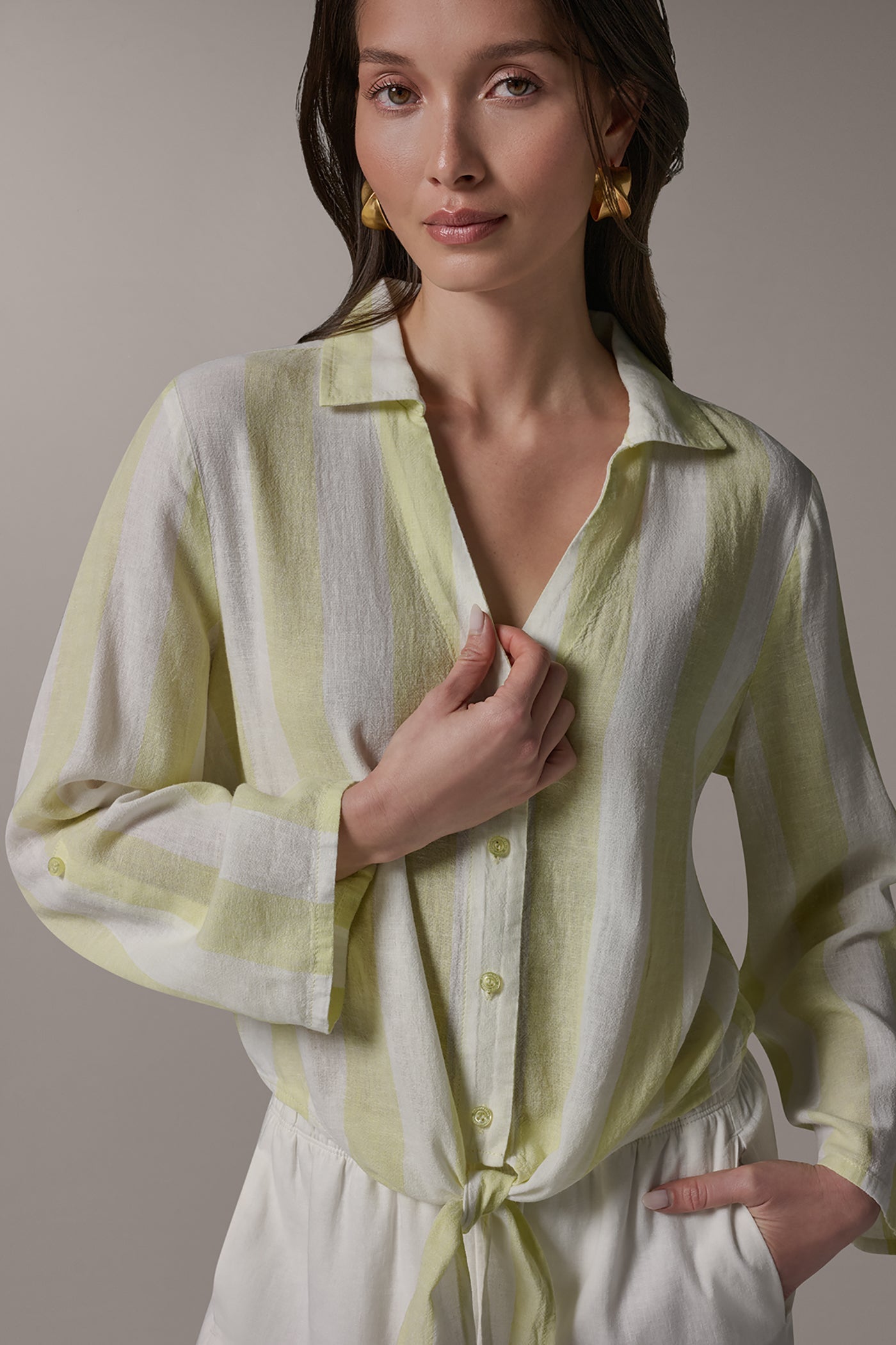 Limoncello/Cream LONG SLEEVE TIE-FRONT BLOUSE Donna Karan